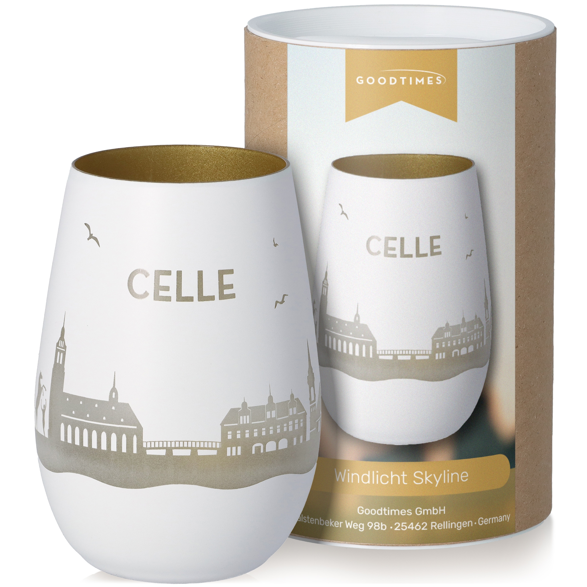Windlicht Skyline Celle Weiß/Gold Töpferei, Krug, Tasse, Glas