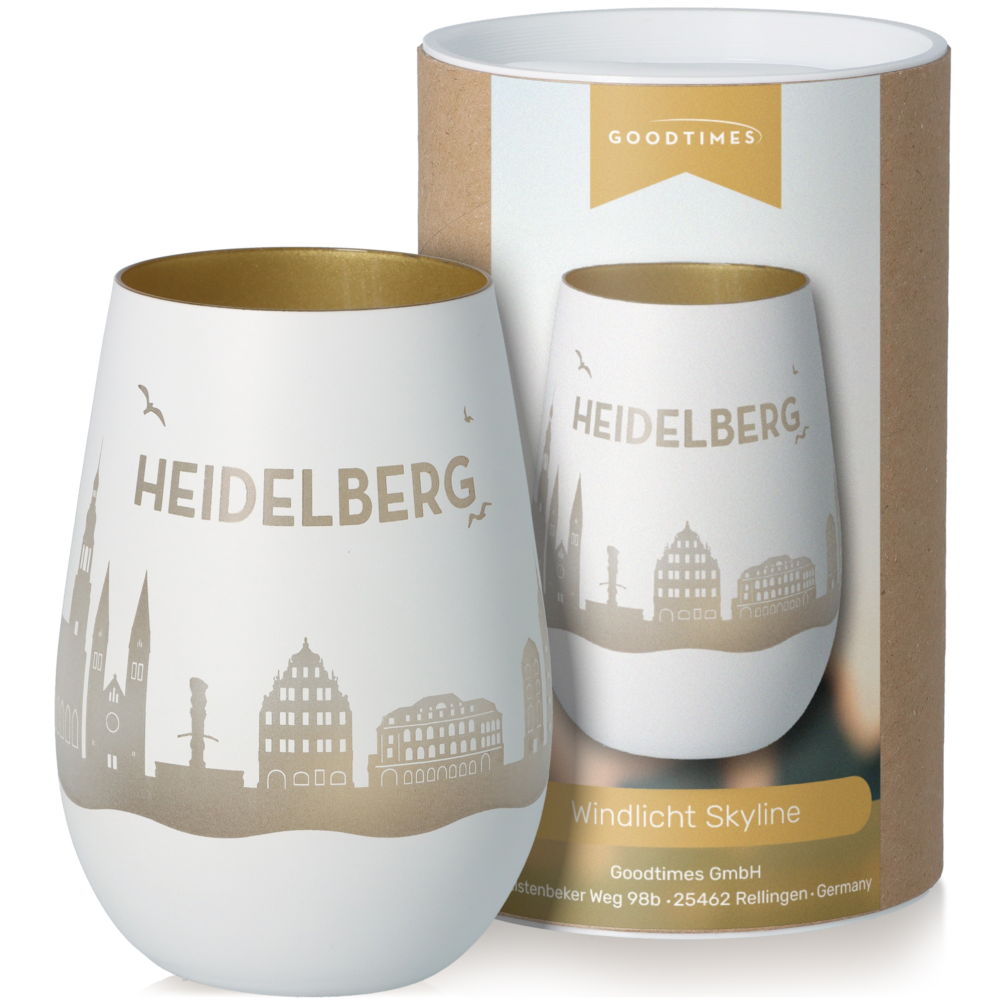 Windlicht Skyline Heidelberg Weiß/Gold Töpferei, Krug, Tasse, Kunst, Porzellan