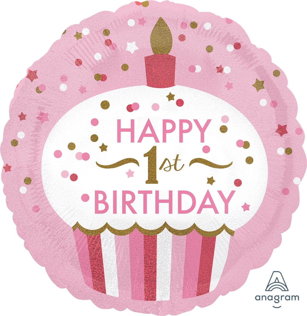 Folienballon Holographic "Happy 1st Birthday" Cupcake für Mädchen 45cm