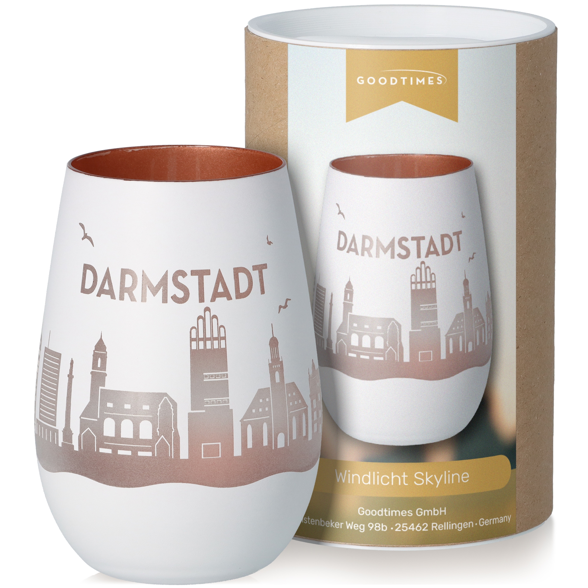 Windlicht Skyline Darmstadt Weiß/Bronze Töpferei, Tasse, Kunst, Porzellan