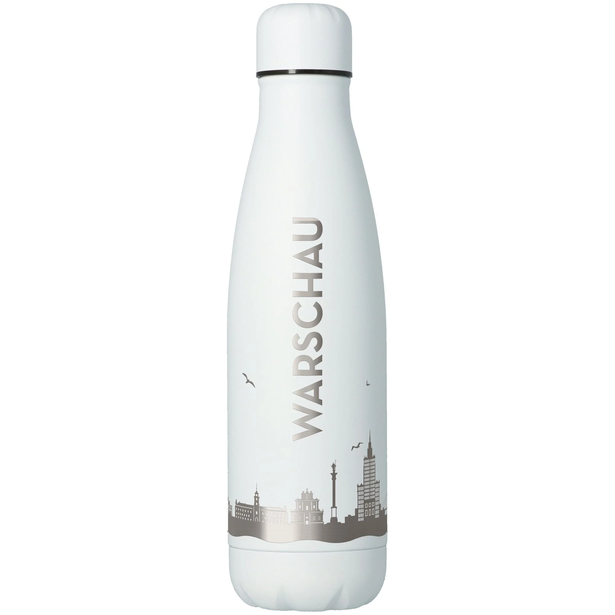 Isolierflasche, Wasserflasche, Edelstahl, weiß, Städte-Silhouette