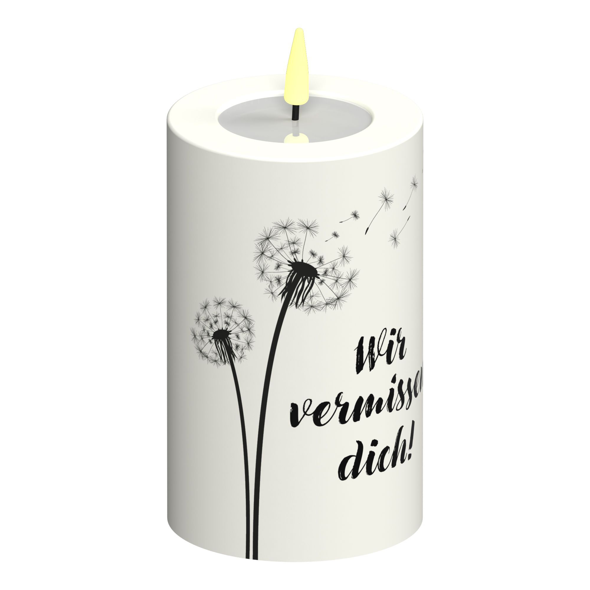 LED Stumpenkerze Weiß Pusteblume "Wir vermissen dich!" LED Stumpenkerze Weiß Pusteblume "Wir vermissen dich!"