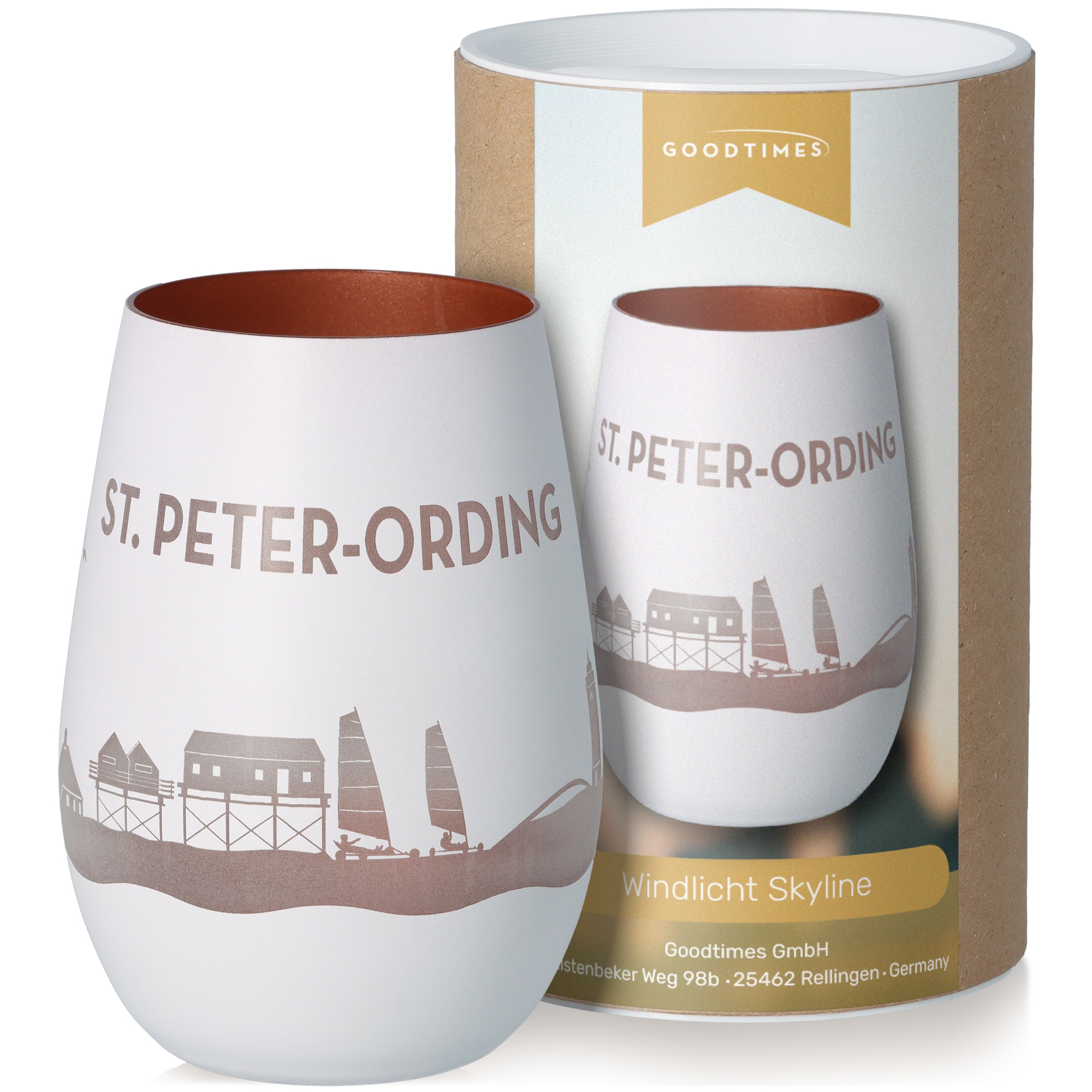 Windlicht Skyline St. Peter-Ording Weiß/Bronze Pokal, Töpferei, Getränk, Kaffee, Kaffeetasse