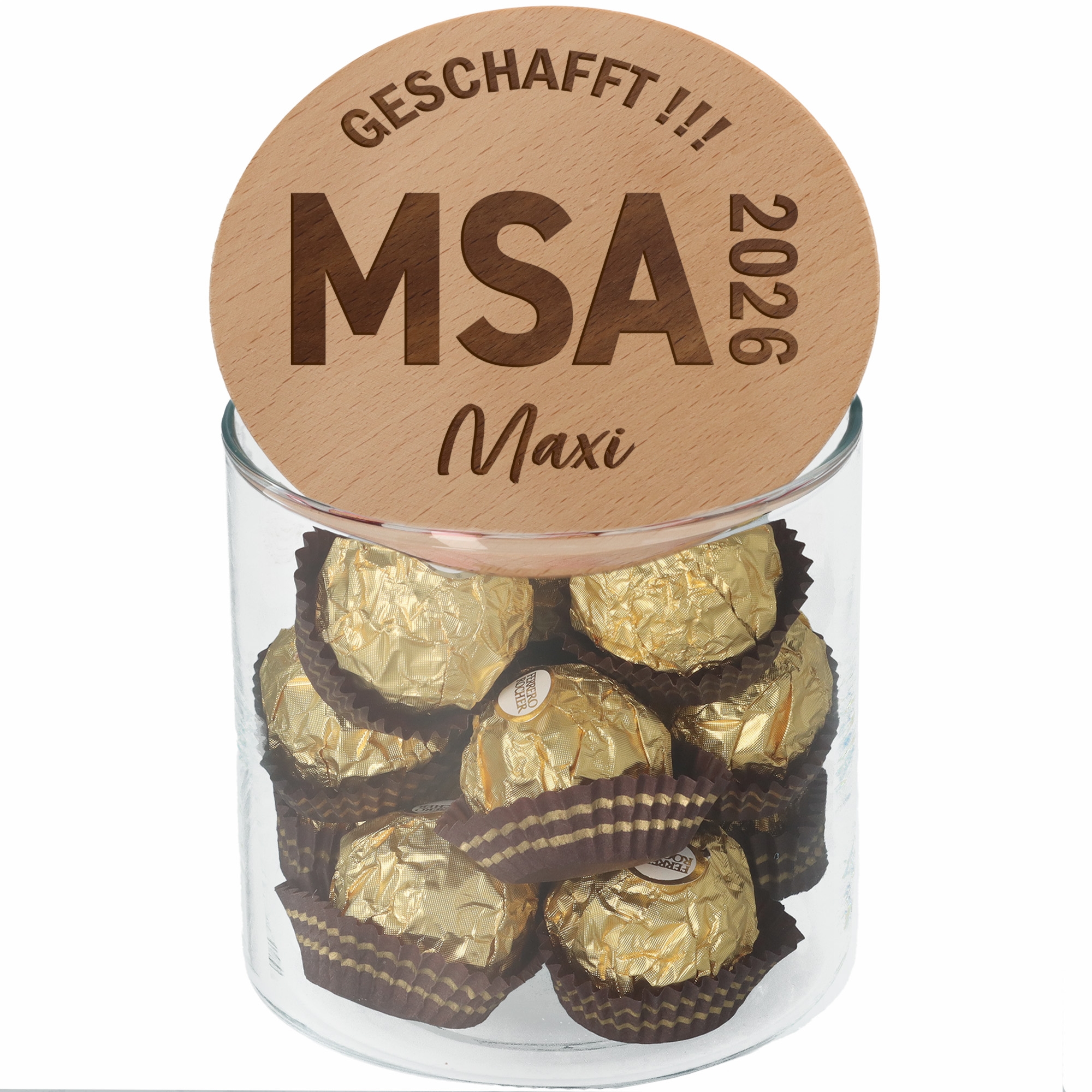 Geschenkglas MSA 2026 "Name" Schokolade, Nachtisch, Essen