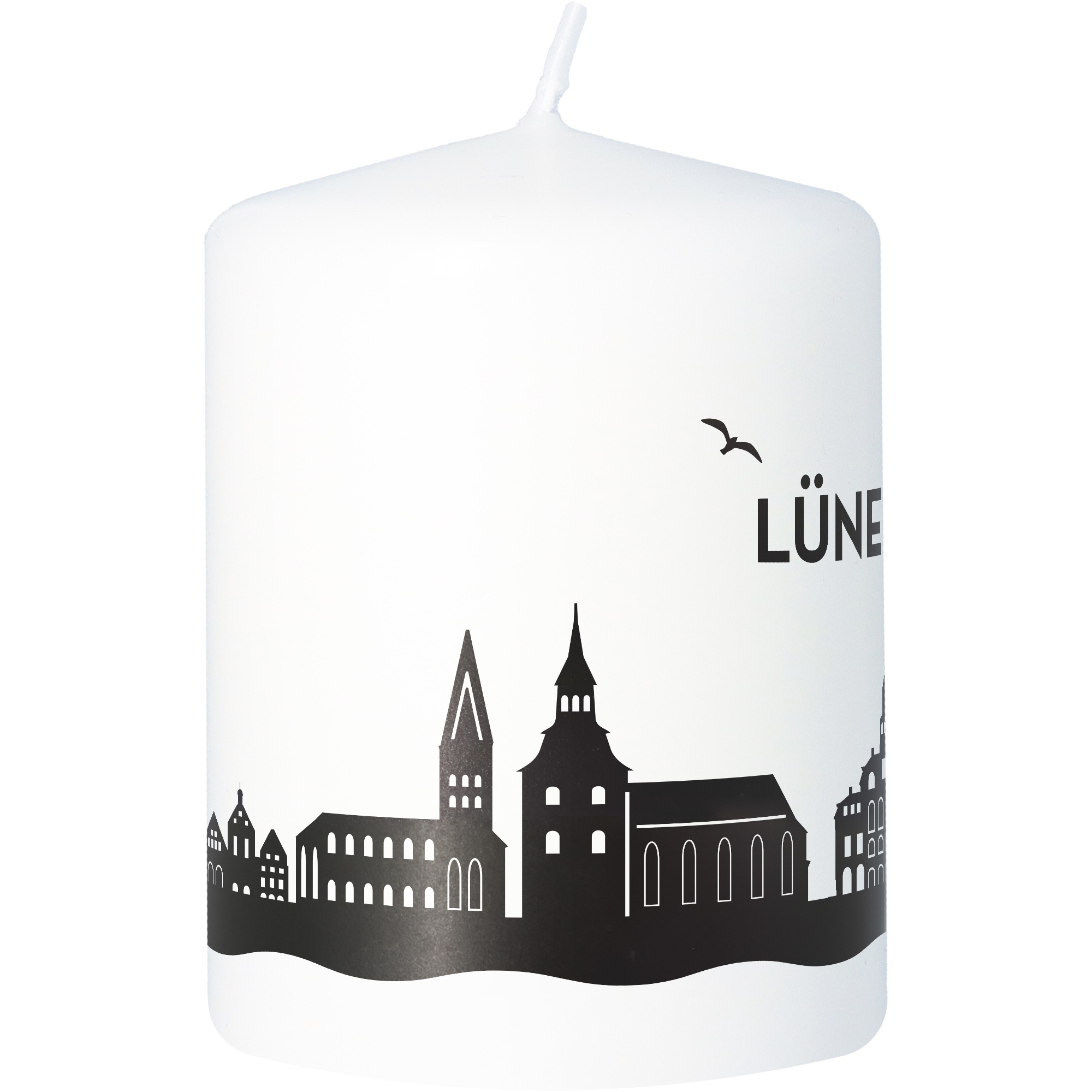 Stumpenkerze Skyline Lüneburg Weiß