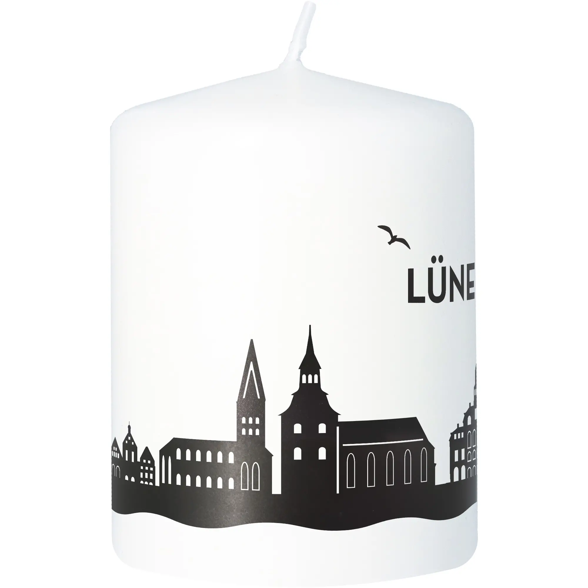 Stumpenkerze Skyline Lüneburg Weiß