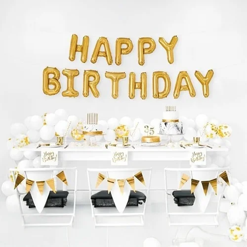 birthday decor, gold balloons, table setup, white decor, party banner