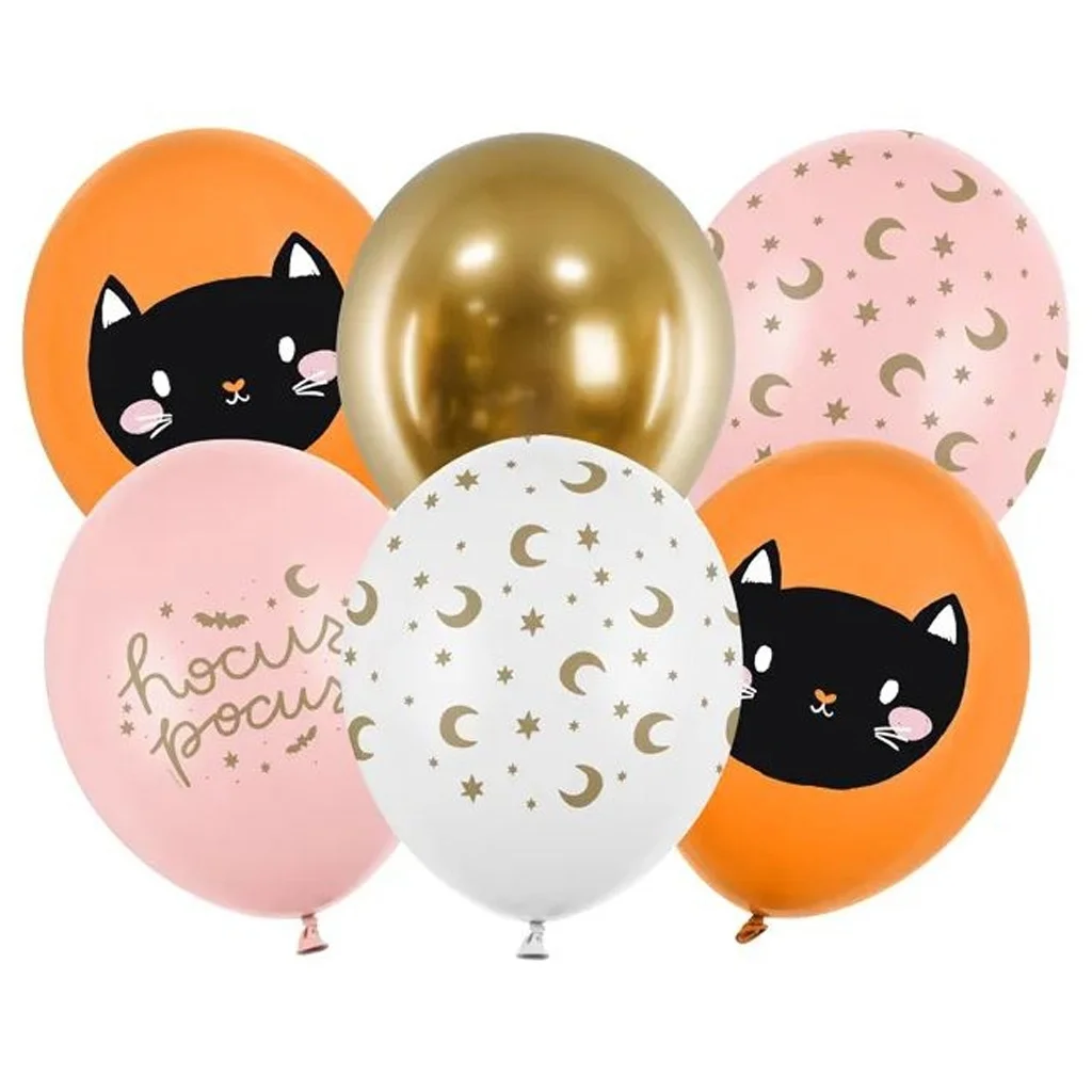 balloons, party, cat face, moon stars pattern, hocus pocus