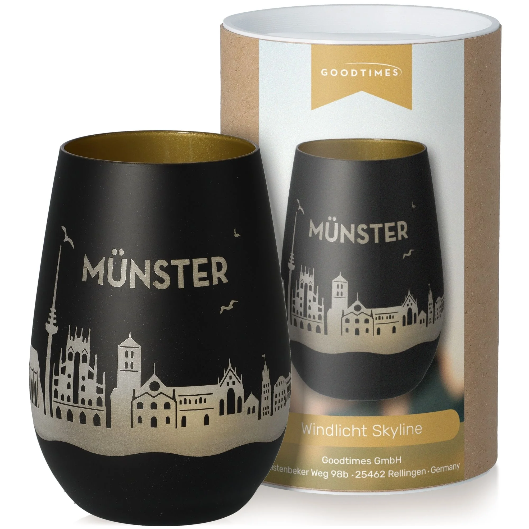 Münster, Windlicht, Glas, Schwarz, Graffiti- Stadtansicht