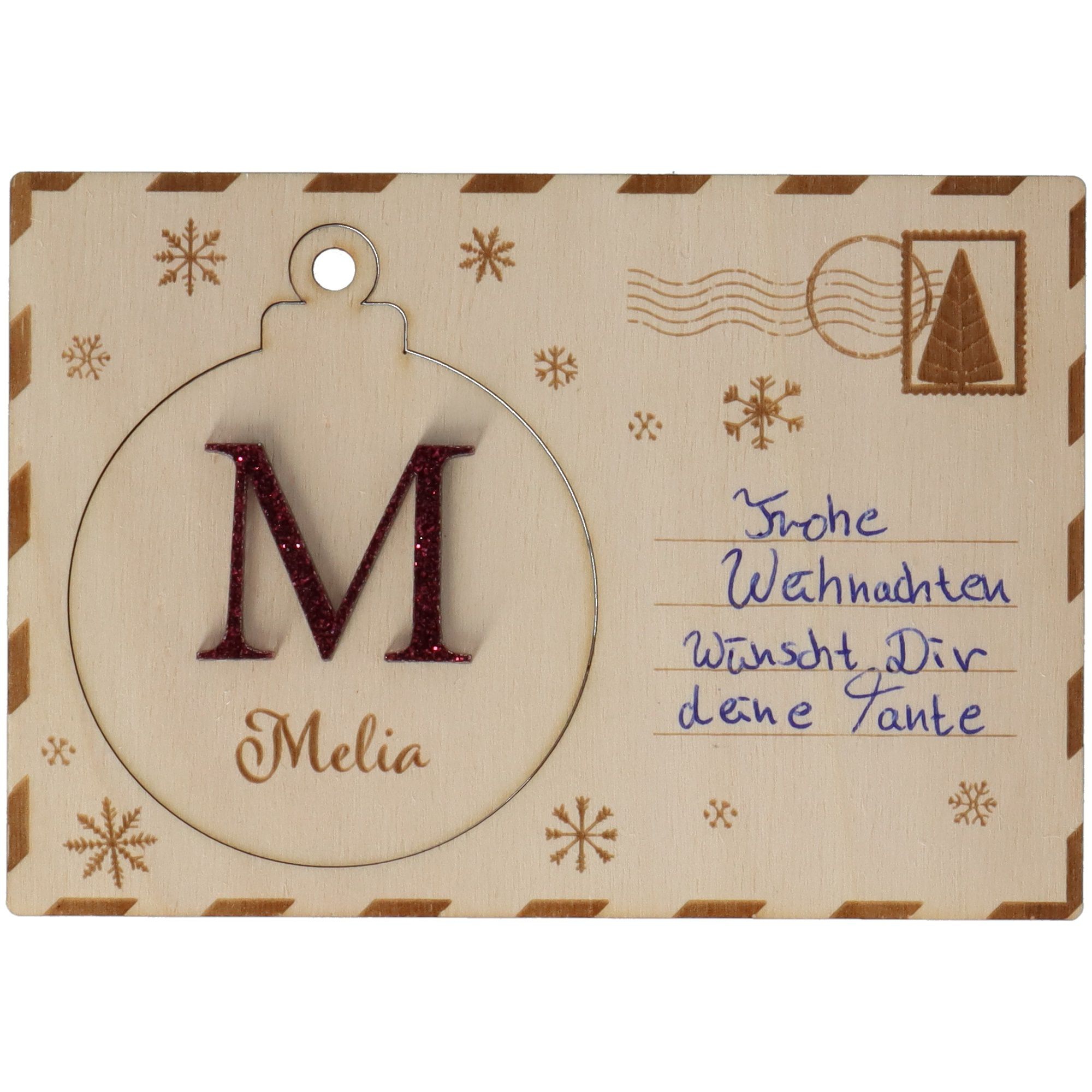 Holzpostkarte mit personalisierter Weihnachtskugel Holzpostkarte mit personalisierter Weihnachtskugel