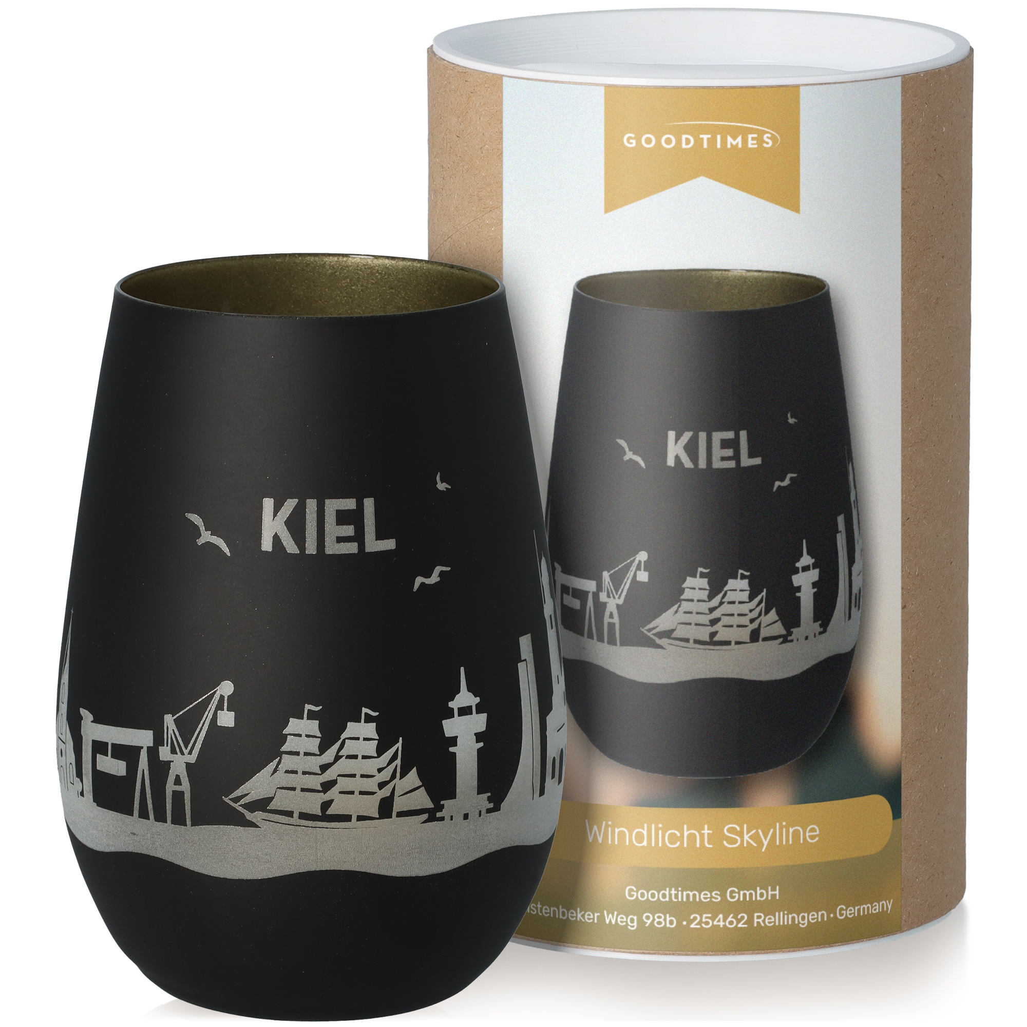 Windlicht Skyline Kiel Schwarz/Gold Töpferei, Krug, Alkohol, Getränk