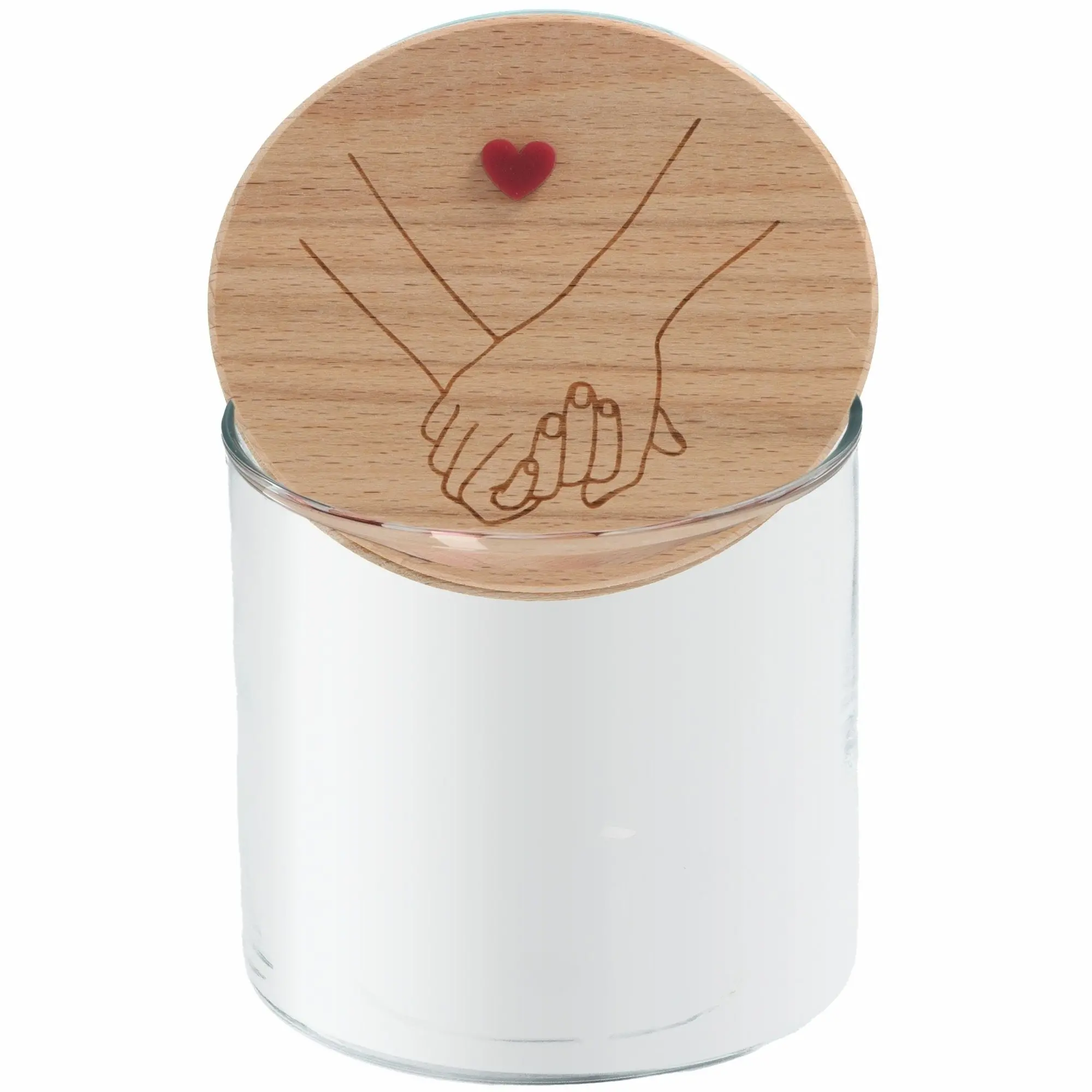 Holzdeckel, Herz-Handin-Hand, Keksdose, Holzplättchen, Glasbehälter