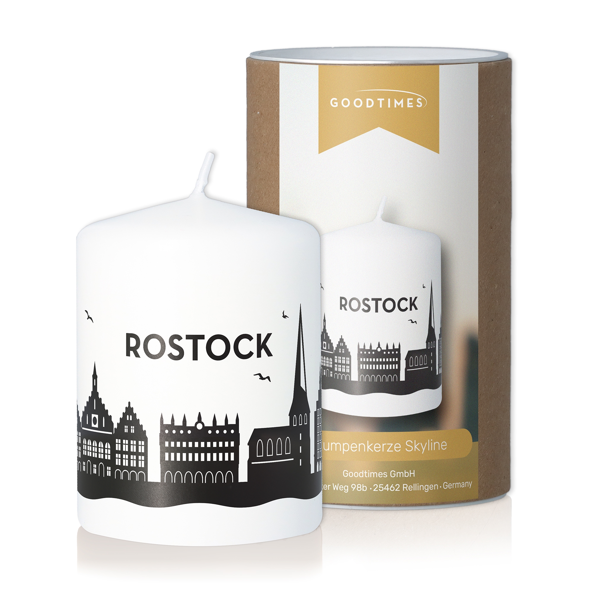 Stumpenkerze Skyline Rostock Weiß Stumpenkerze Skyline Rostock Weiß