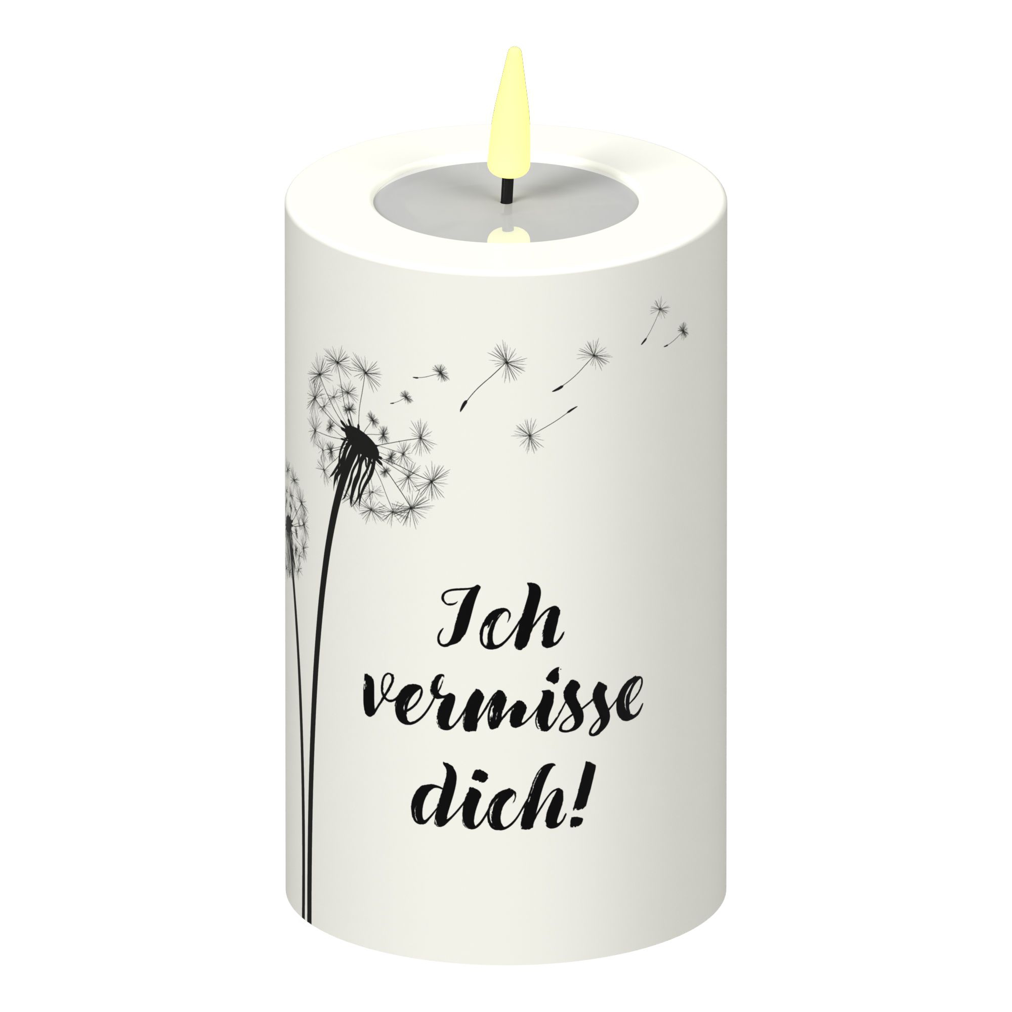 LED Stumpenkerze Weiß Pusteblume "Ich vermisse dich!" LED Stumpenkerze Weiß Pusteblume "Ich vermisse dich!"