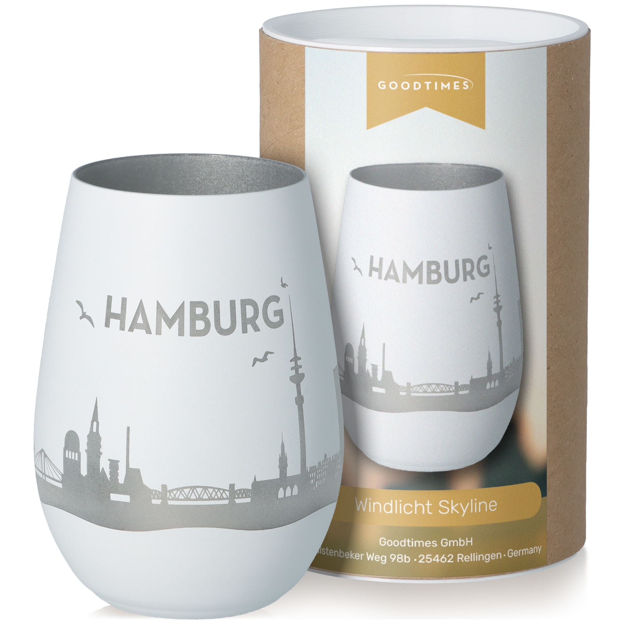 Windlicht Skyline Hamburg Weiß/Silber Töpferei, Krug, Glas, Tasse, Vase