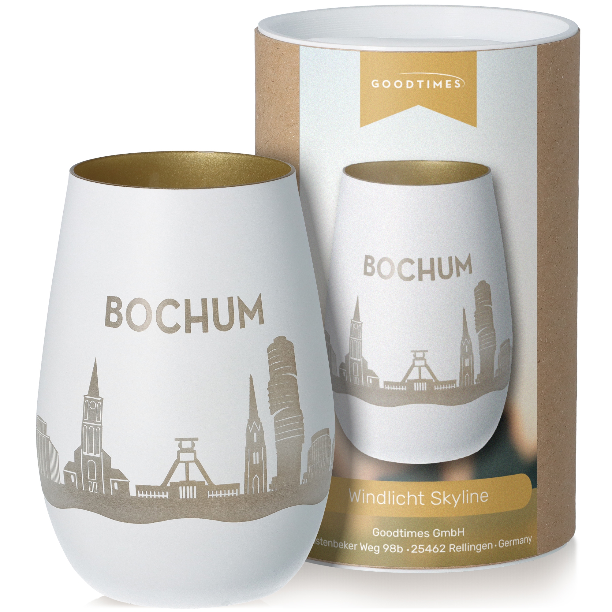 Windlicht Skyline Bochum Weiß/Gold Töpferei, Krug, Tasse