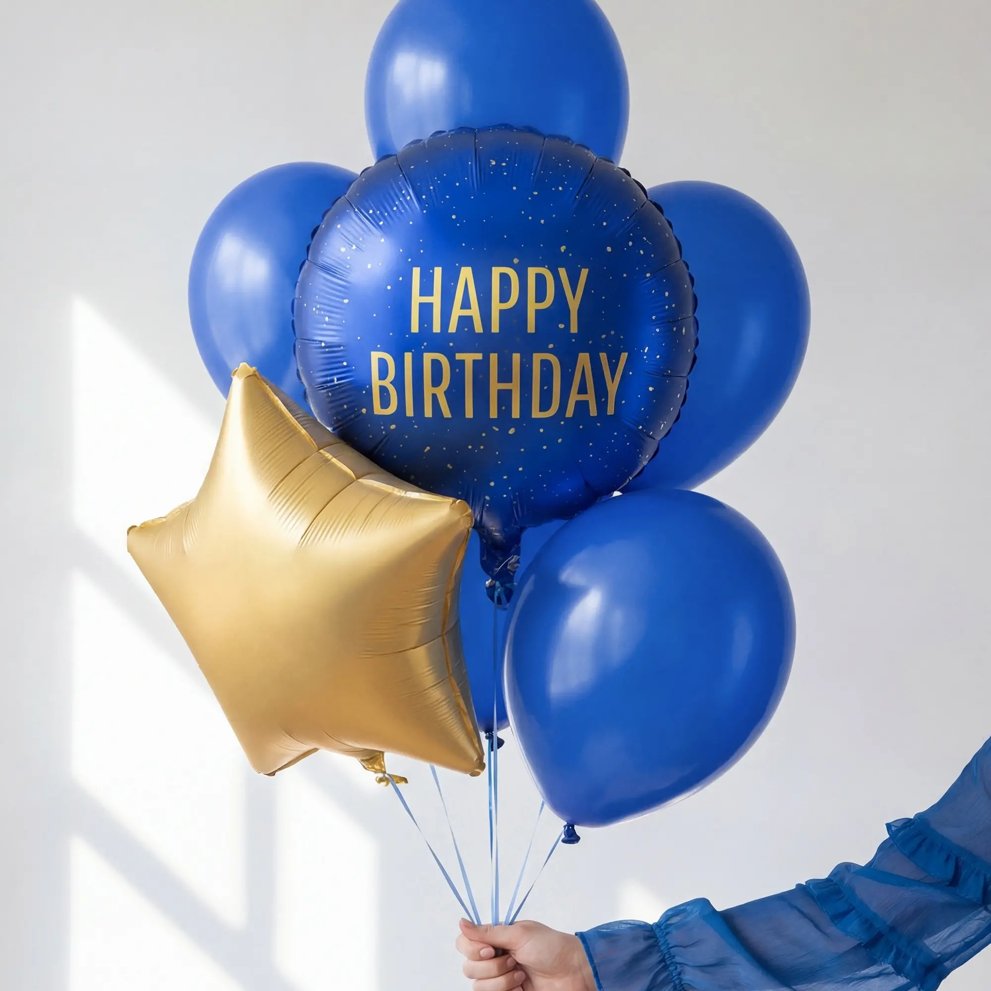 Ballonsträußchen, Happy Birthday Ballon, Blaue Ballons, Goldener Stern Ballon, Geburtstagsdeko