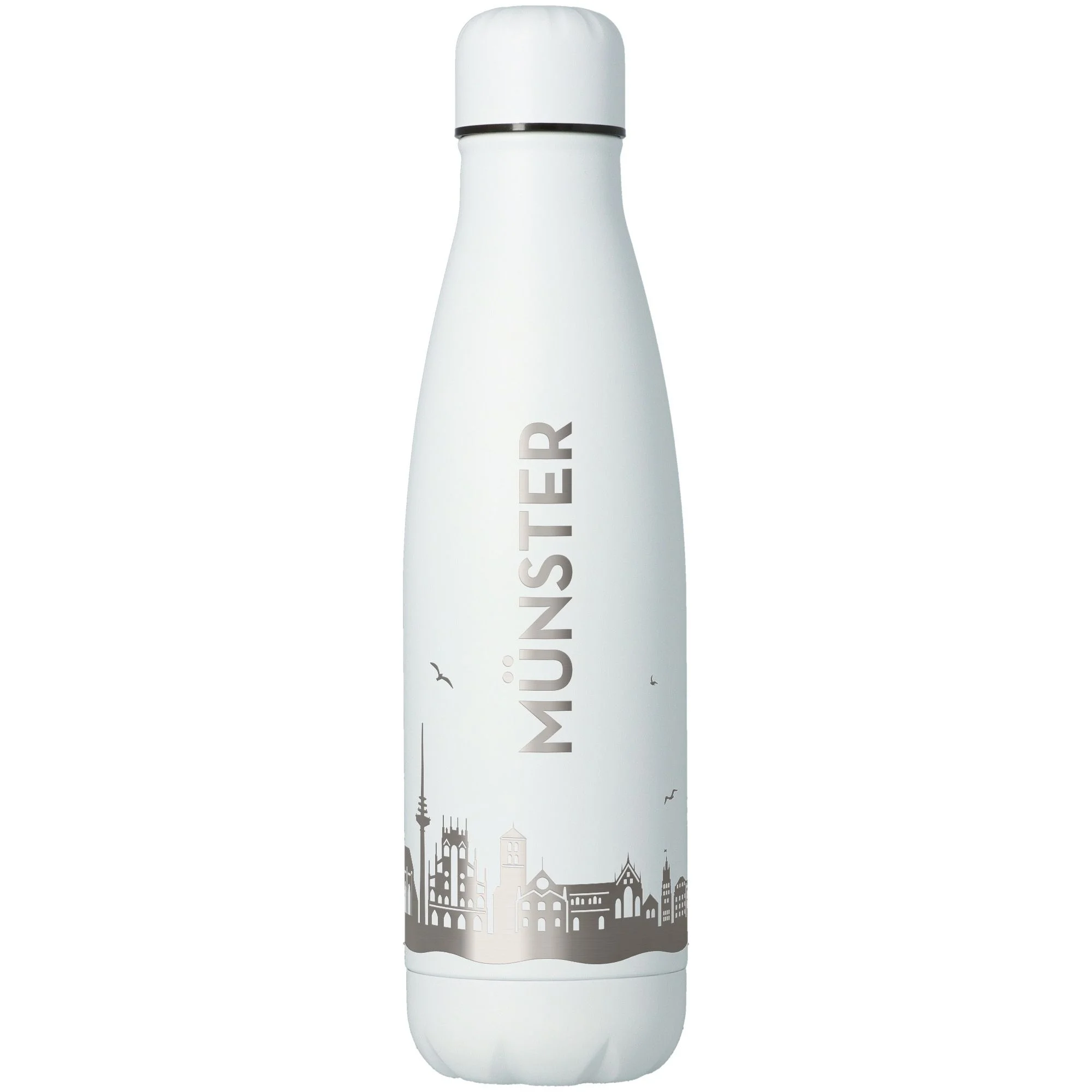 Thermal bottle, Stainless steel, White, City silhouette, Drink container