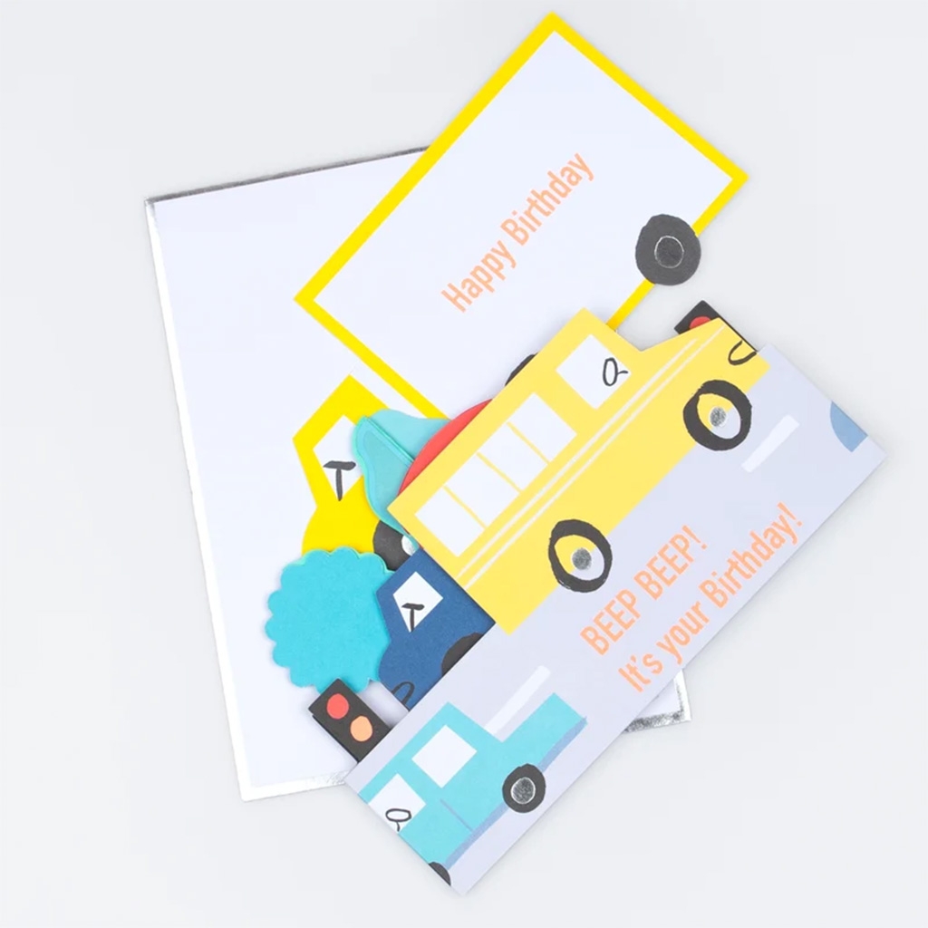 Geburtstagskarte, Glückwunschkarte, Auto-Motiv, Gelb, Pop-up Design