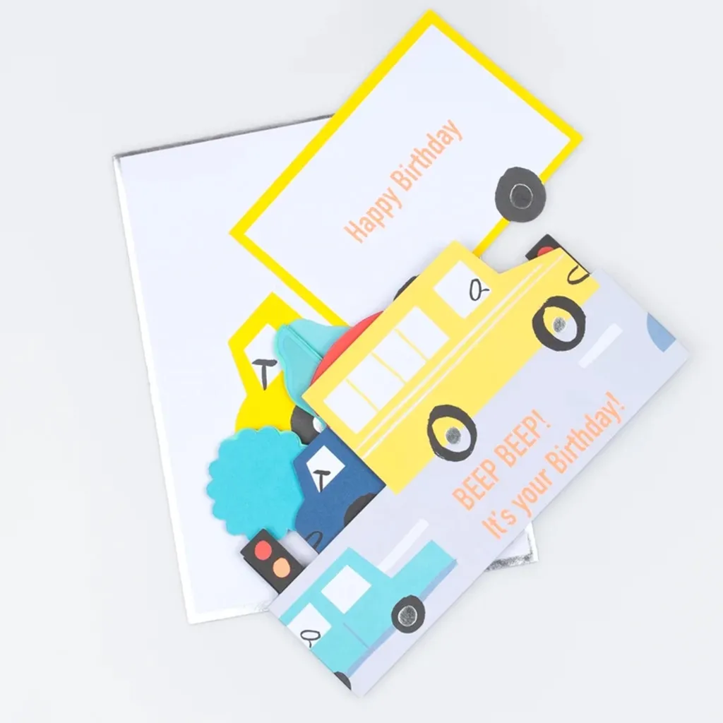 Geburtstagskarte, Glückwunschkarte, Auto-Motiv, Gelb, Pop-up Design