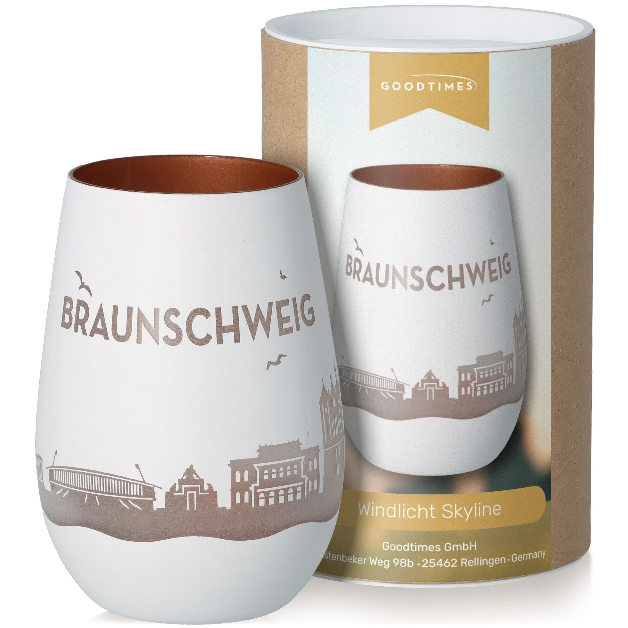 Weißes Weinglas, Keramikglas, innen braun, Braunschweig, Stadtansicht Muster
