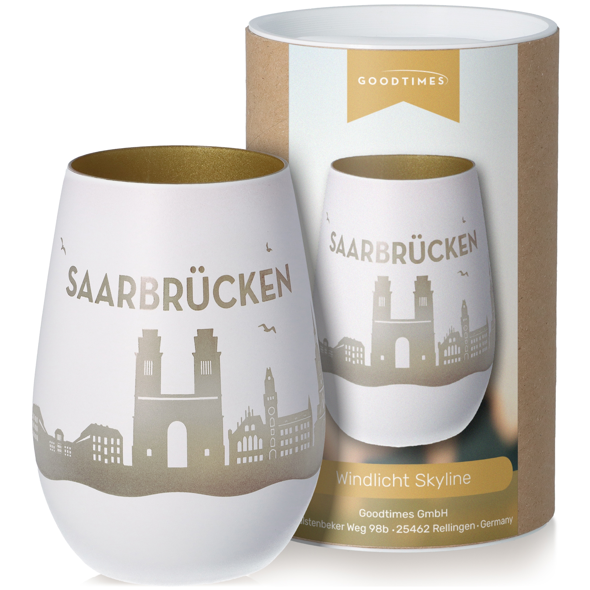 Windlicht Skyline Saarbrücken Weiß/Gold Töpferei, Tasse