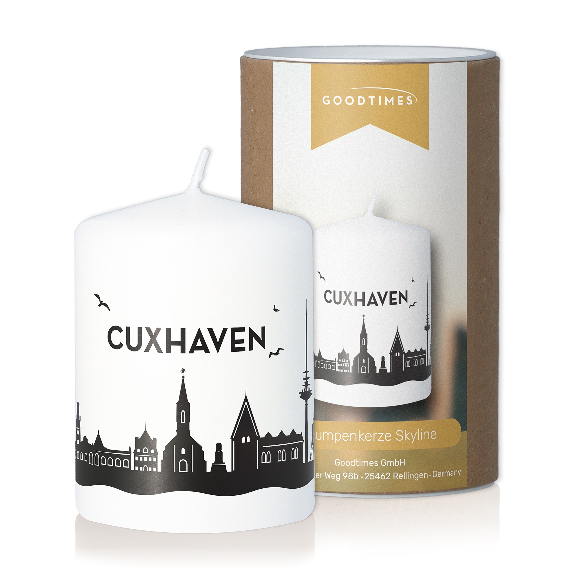 Stumpenkerze Skyline Cuxhaven Weiß Stumpenkerze Skyline Cuxhaven Weiß