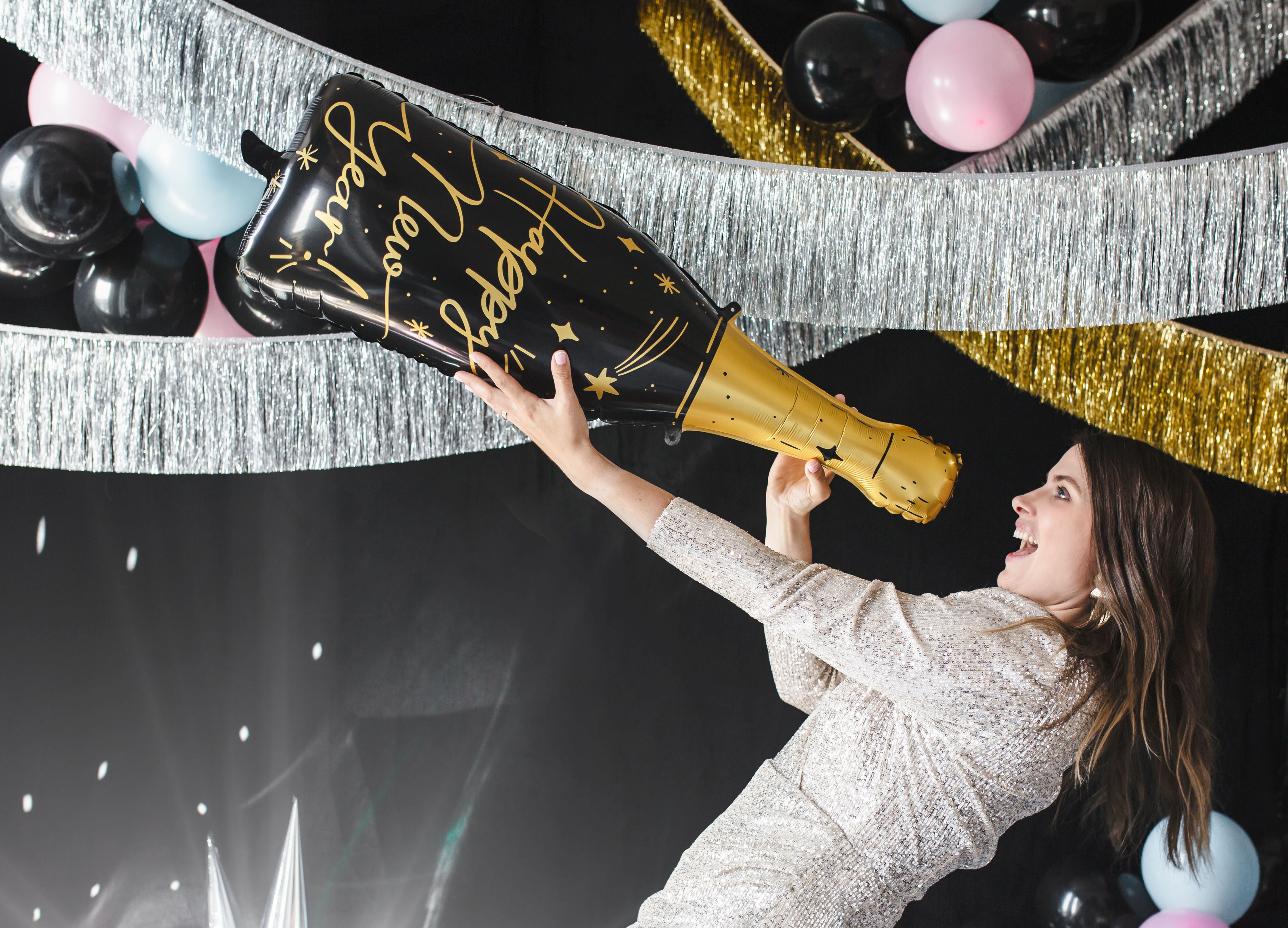 Folienballon Flasche "Happy New Year" Schwarz 88cm