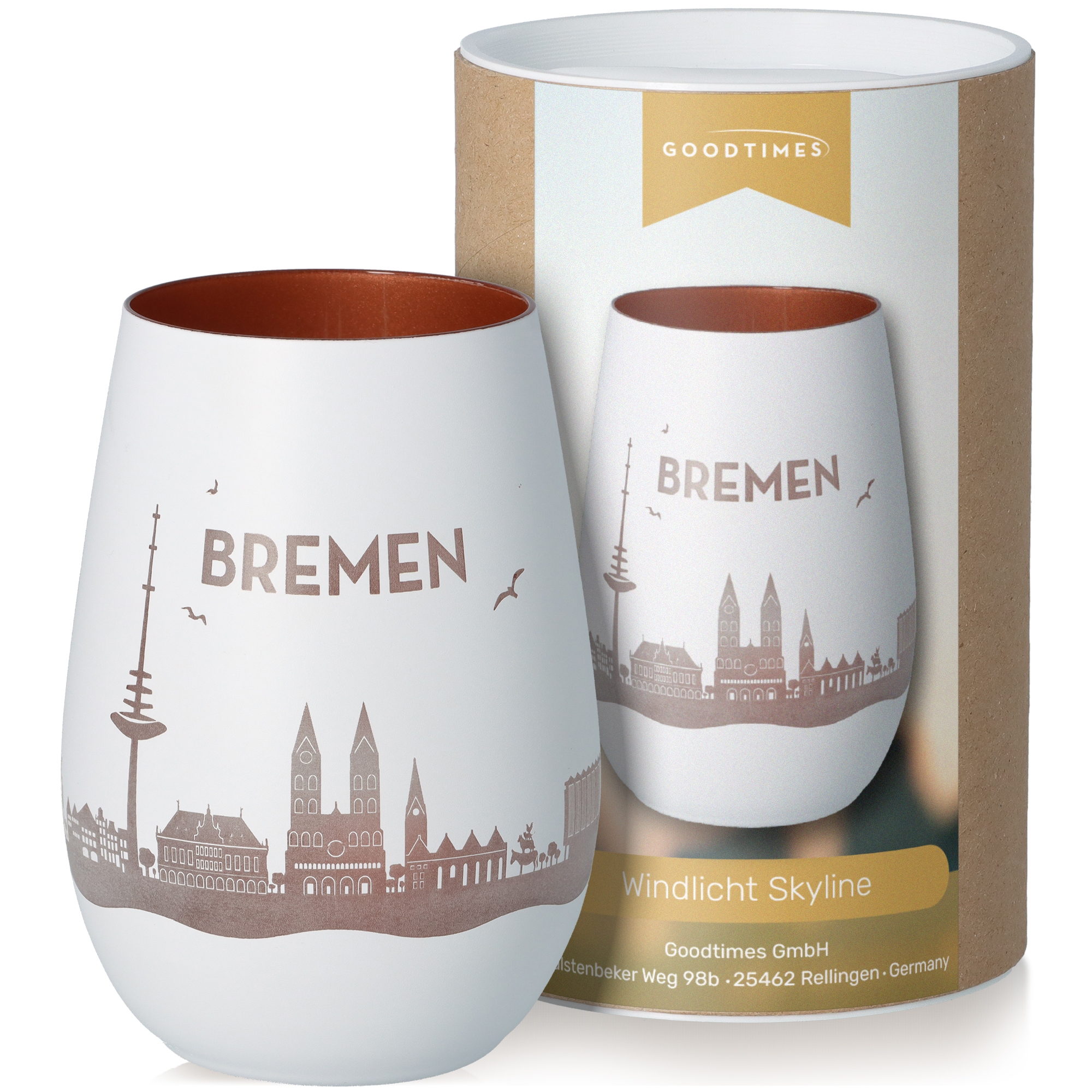 Windlicht Skyline Bremen Weiß/Bronze Töpferei, Krug, Tasse, Kunst, Porzellan