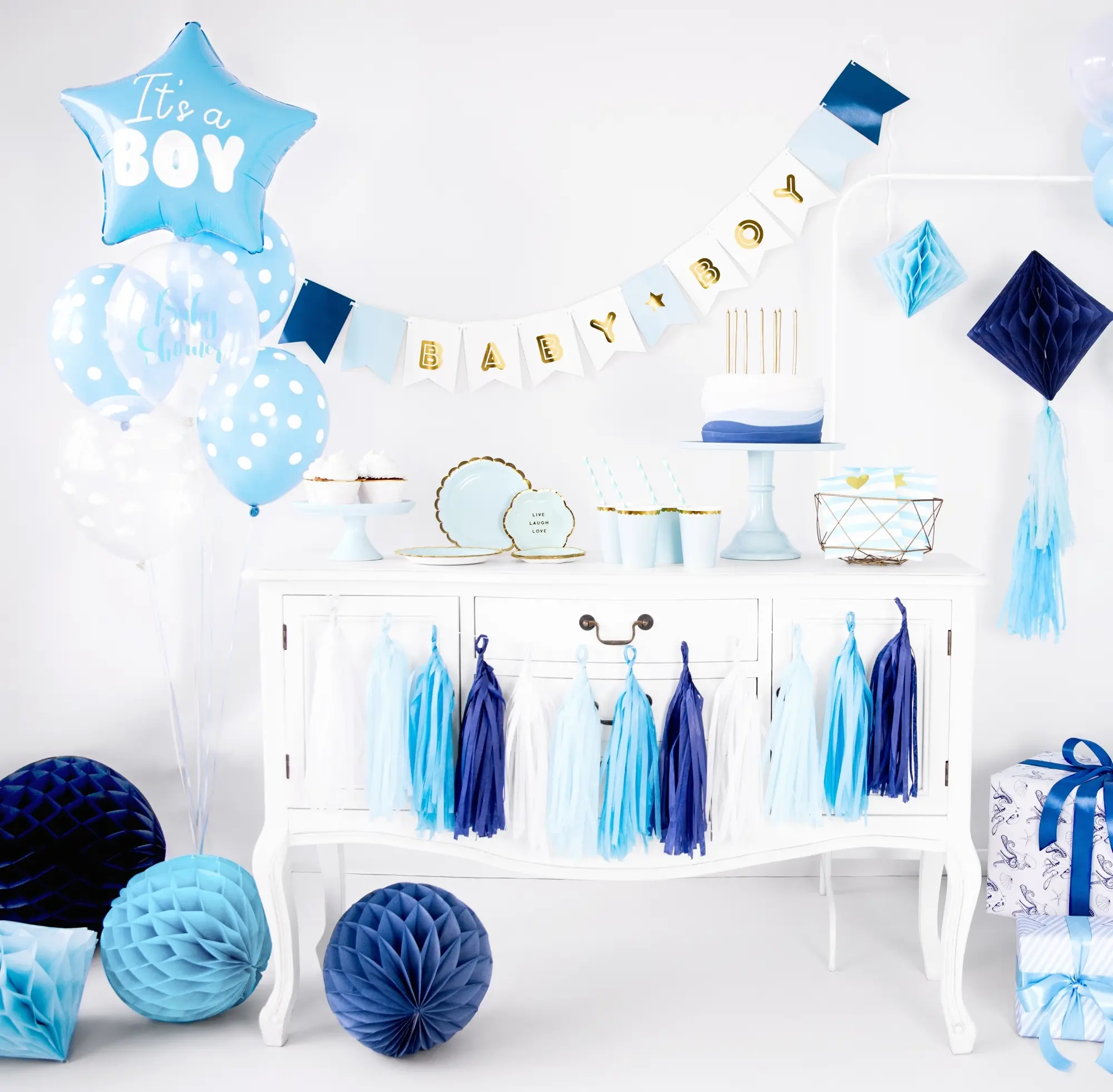 Tasselgirlande Blau, Türkis, Weiß - 12 Tassel