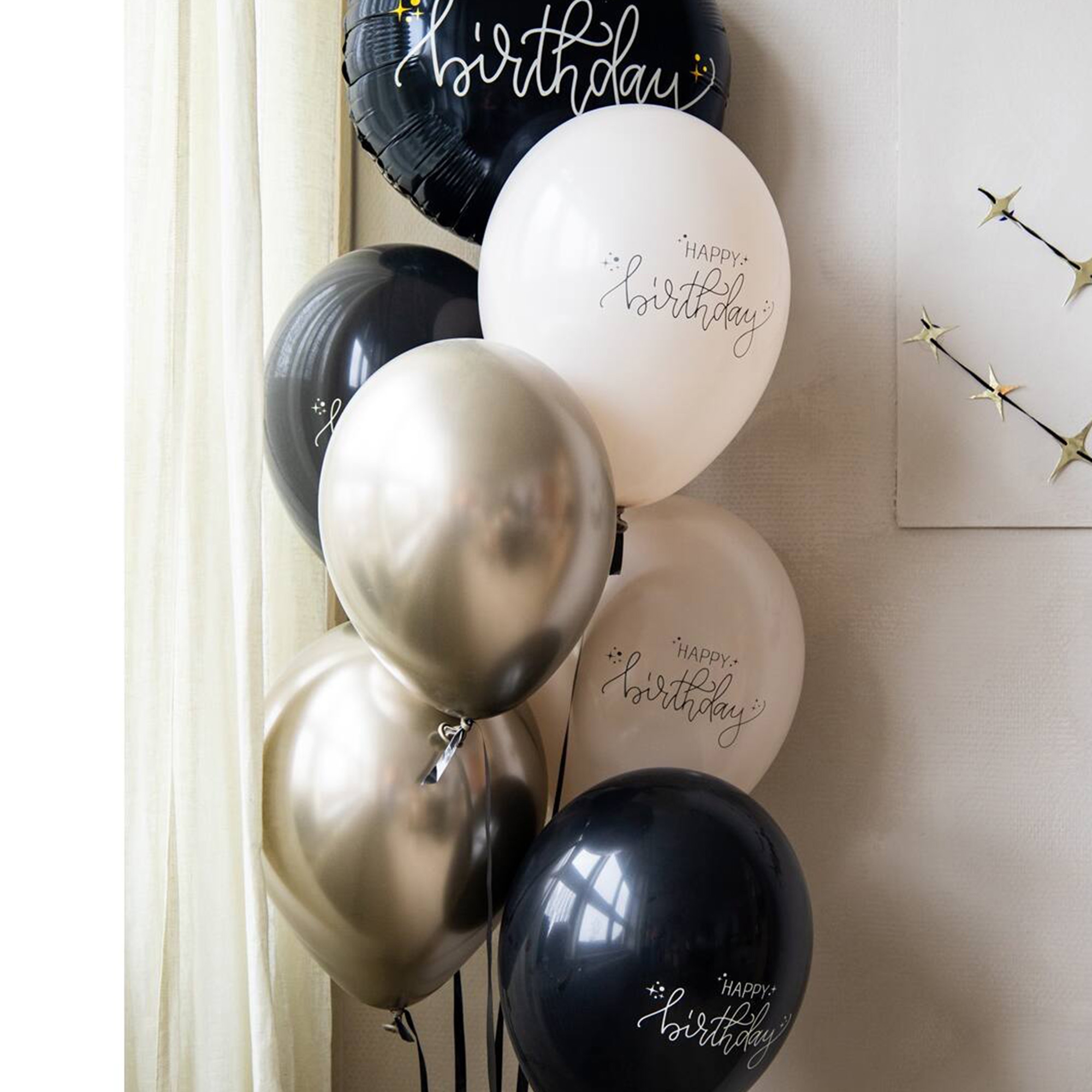 6 Latexballons im Set "Happy Birthday" Creme Noir Ø 33cm