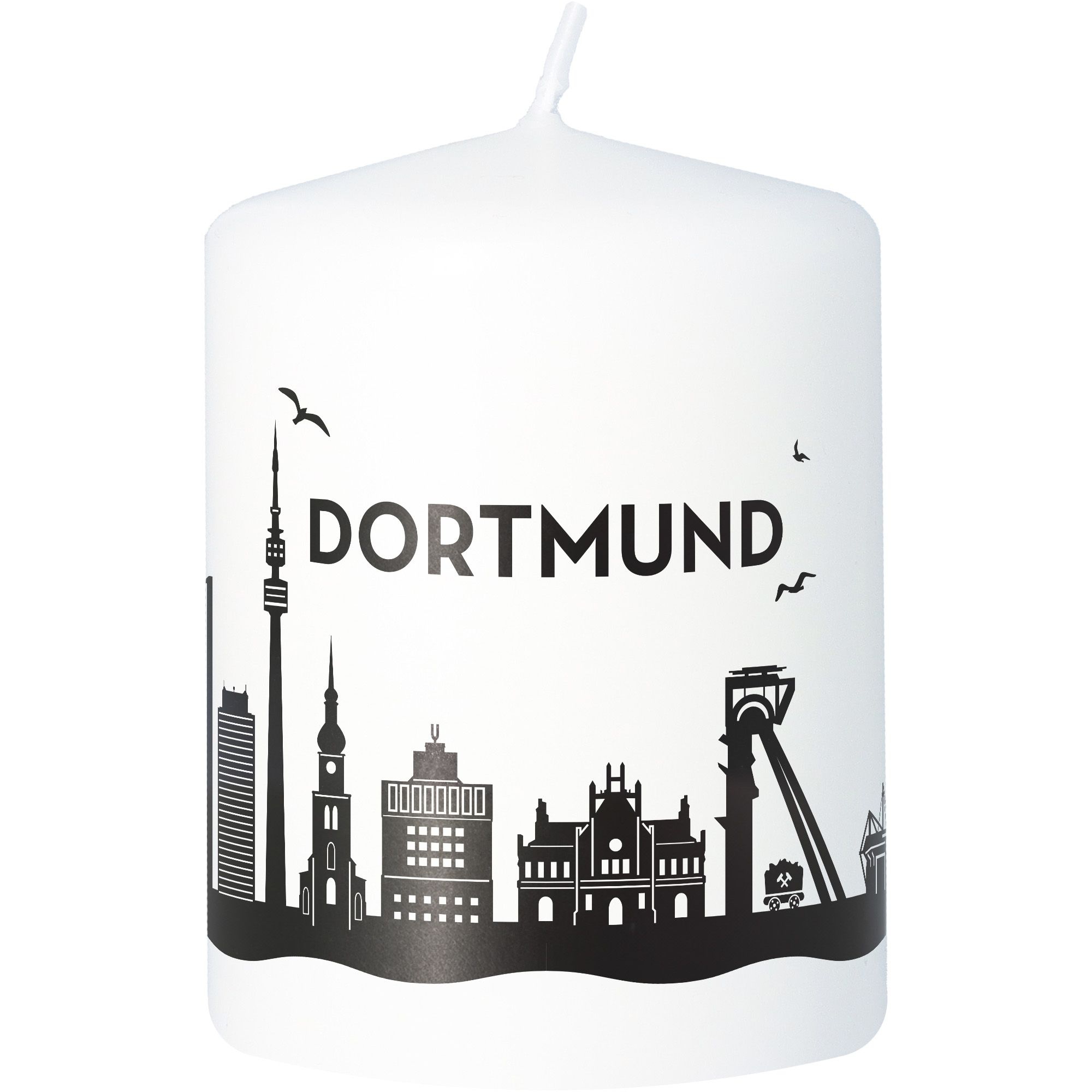 Stumpenkerze Skyline Dortmund Weiß