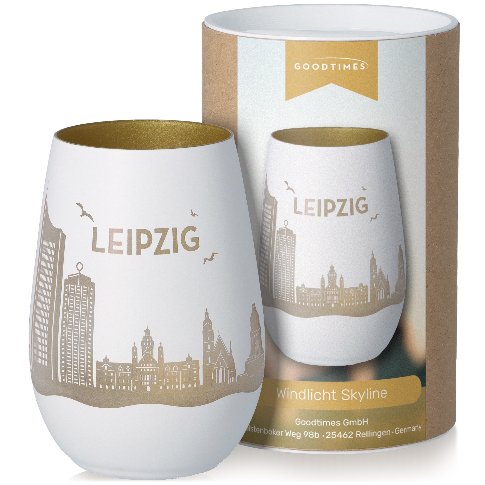 Windlicht Skyline Leipzig Weiß/Gold Töpferei, Kunst, Porzellan, Tasse, Krug