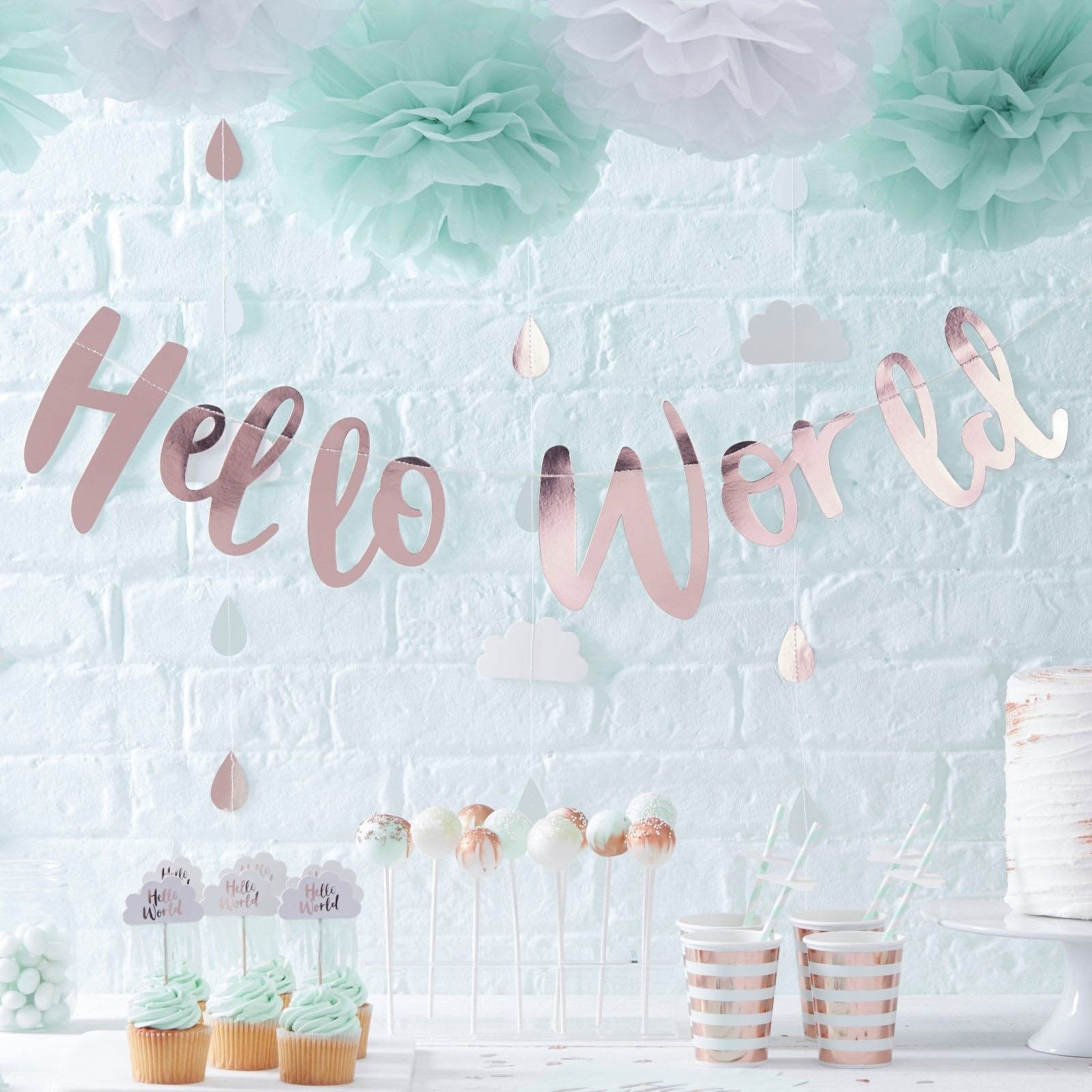 Hello World - Baby Shower Girlande Rosé Gold