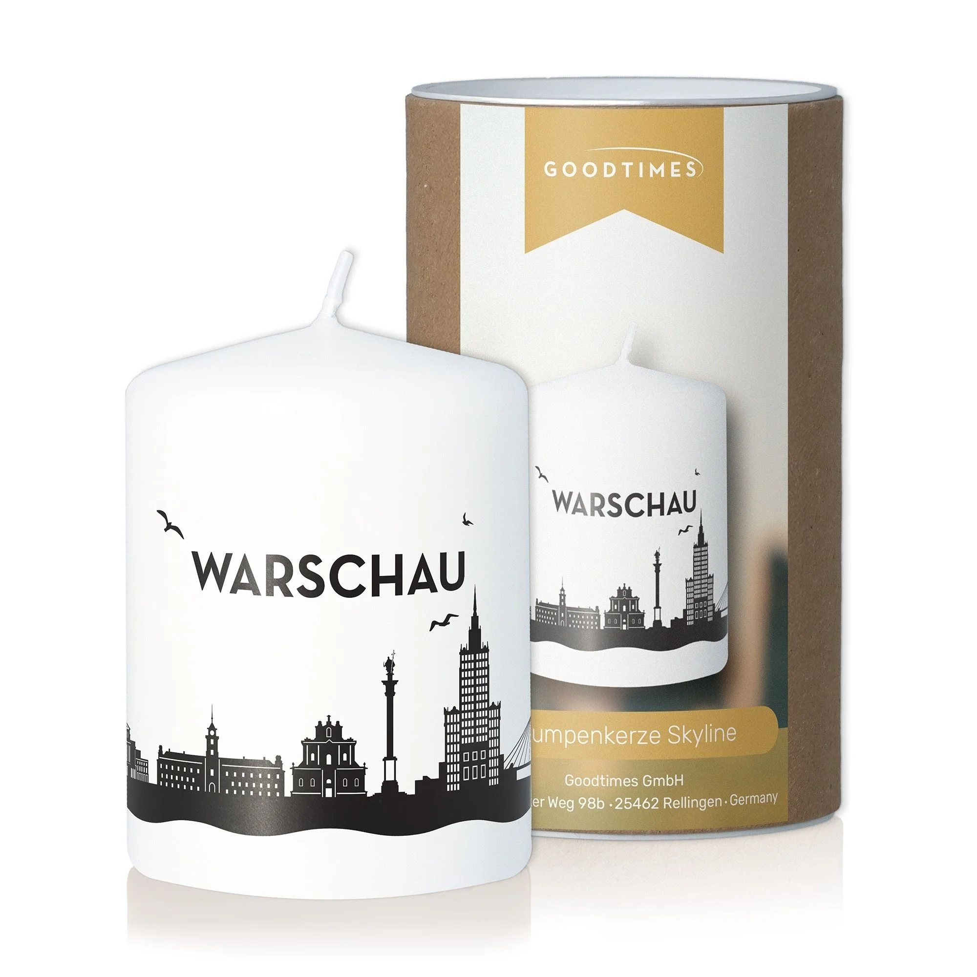 Goodtimes Stumpenkerze Skyline Warschau Weiß