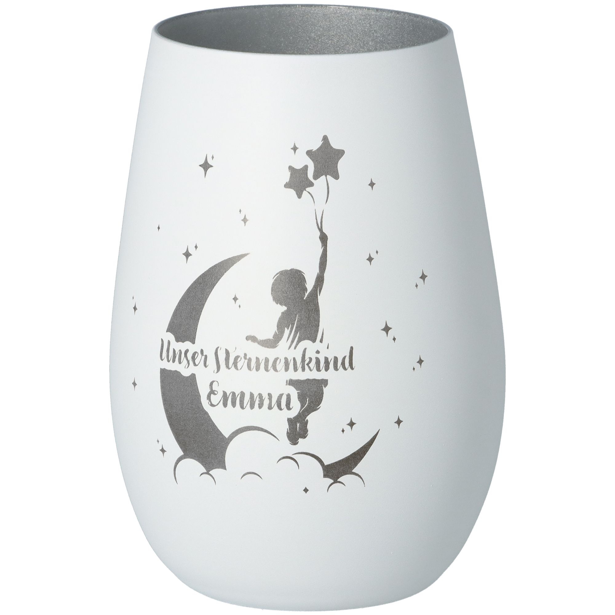 Windlicht Unser Sternenkind Weiß/Silber "Name" Windlicht Unser Sternenkind Weiß/Silber "Name"