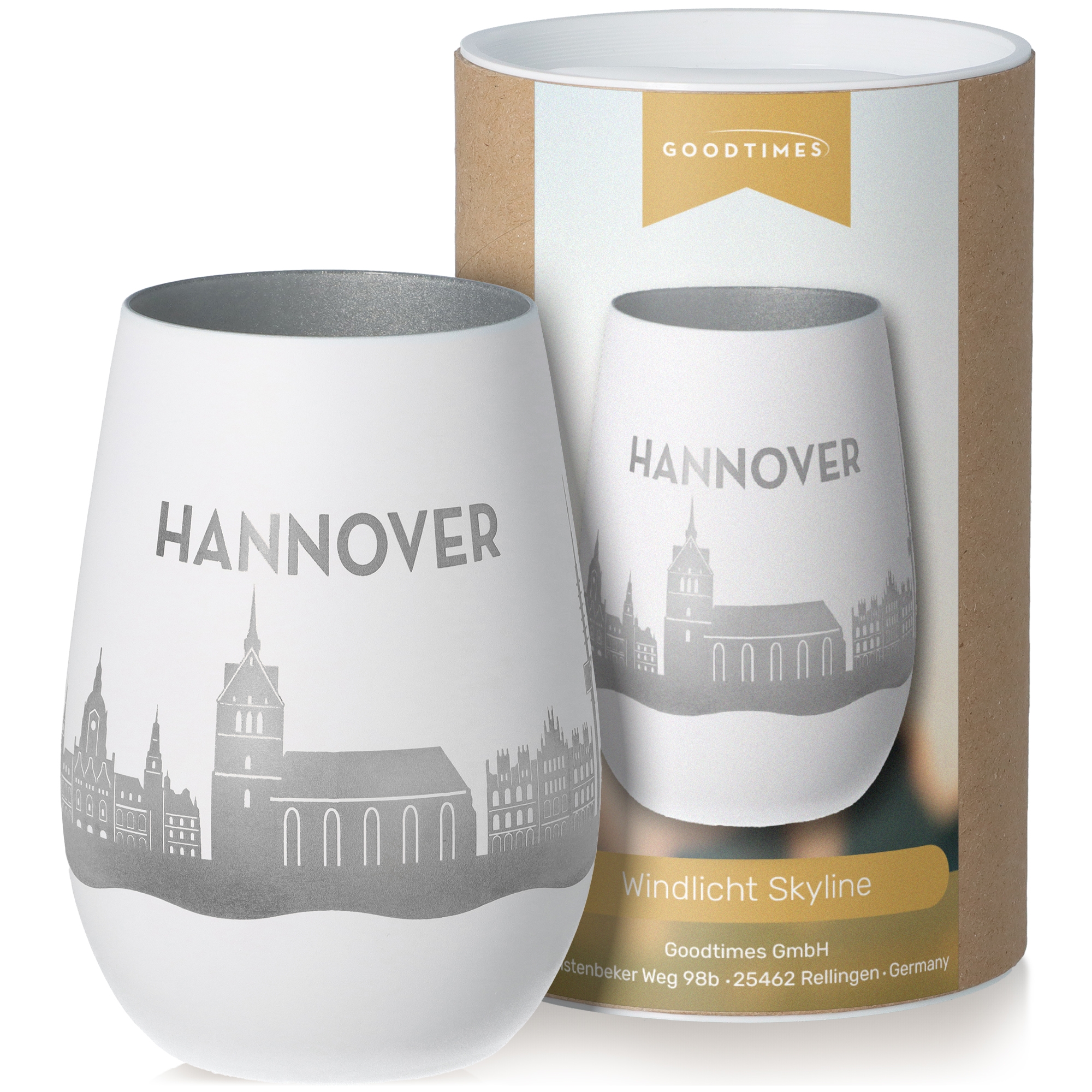 Windlicht Skyline Hannover Weiß/Silber Töpferei, Glas, Tasse