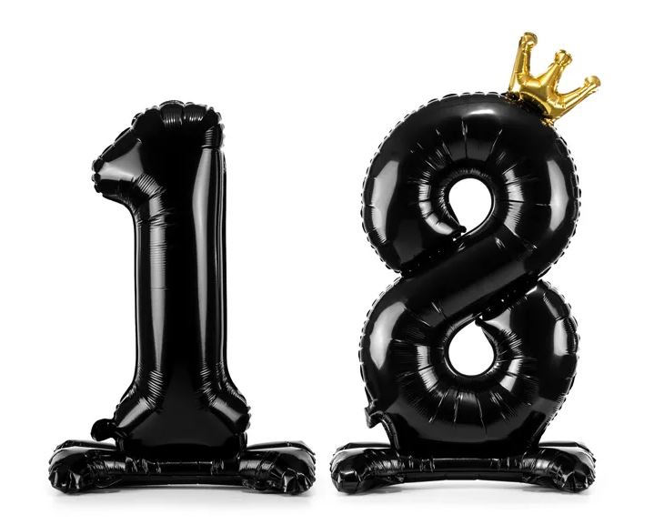 Stehende Folienballon Zahl "18" mit Krone, Schwarz ca. 84 cm Stehende Folienballon Zahl "18" mit Krone, Schwarz ca. 84 cm