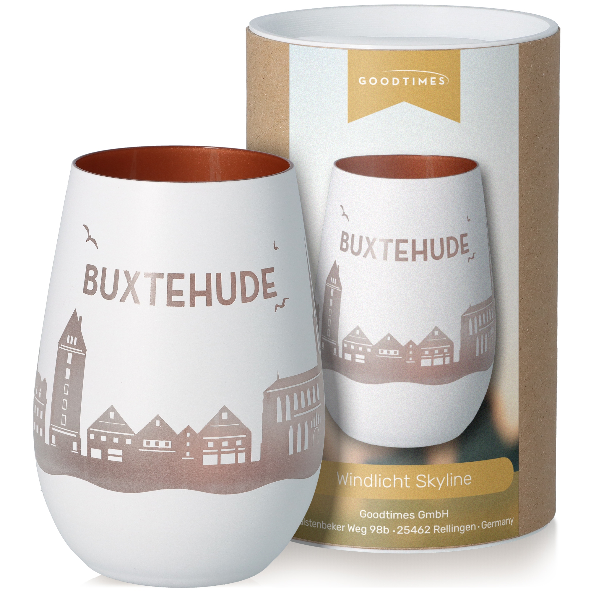 Windlicht Skyline Buxtehude Weiß/Bronze Töpferei, Tasse, Krug