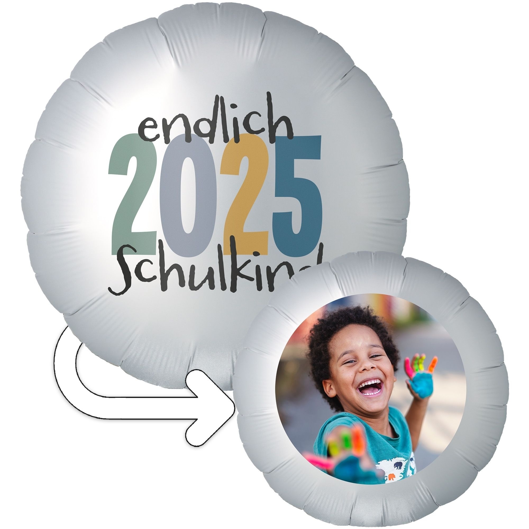 Folienballon 2-seitig FOTO mit "Endlich Schulkind" Blau 45cm Person, Luftballon, Handschuh, Kopf, Portrait