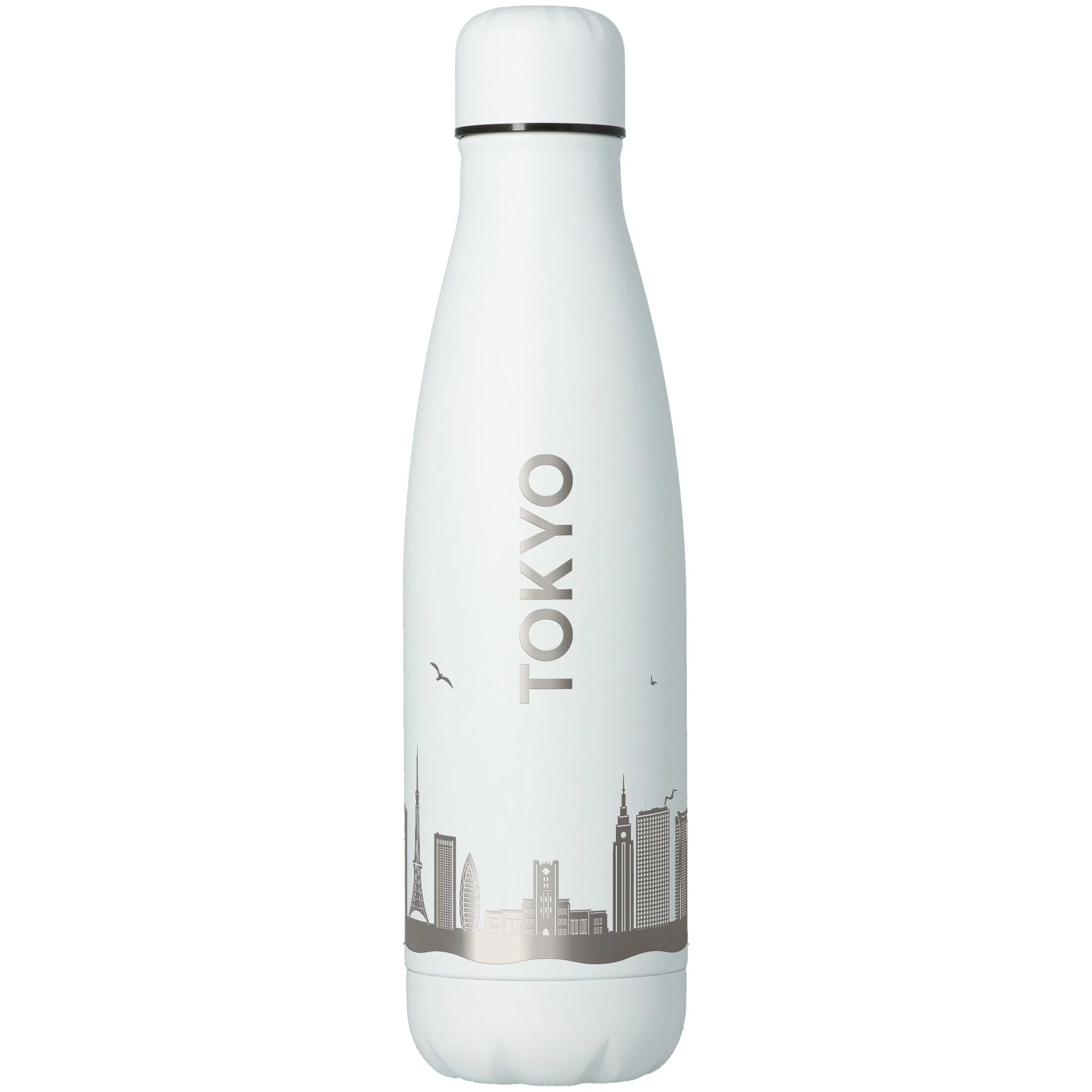 wasserflasche, isolierte flasche, thermobehälter, stahlflasche, city-skyline design