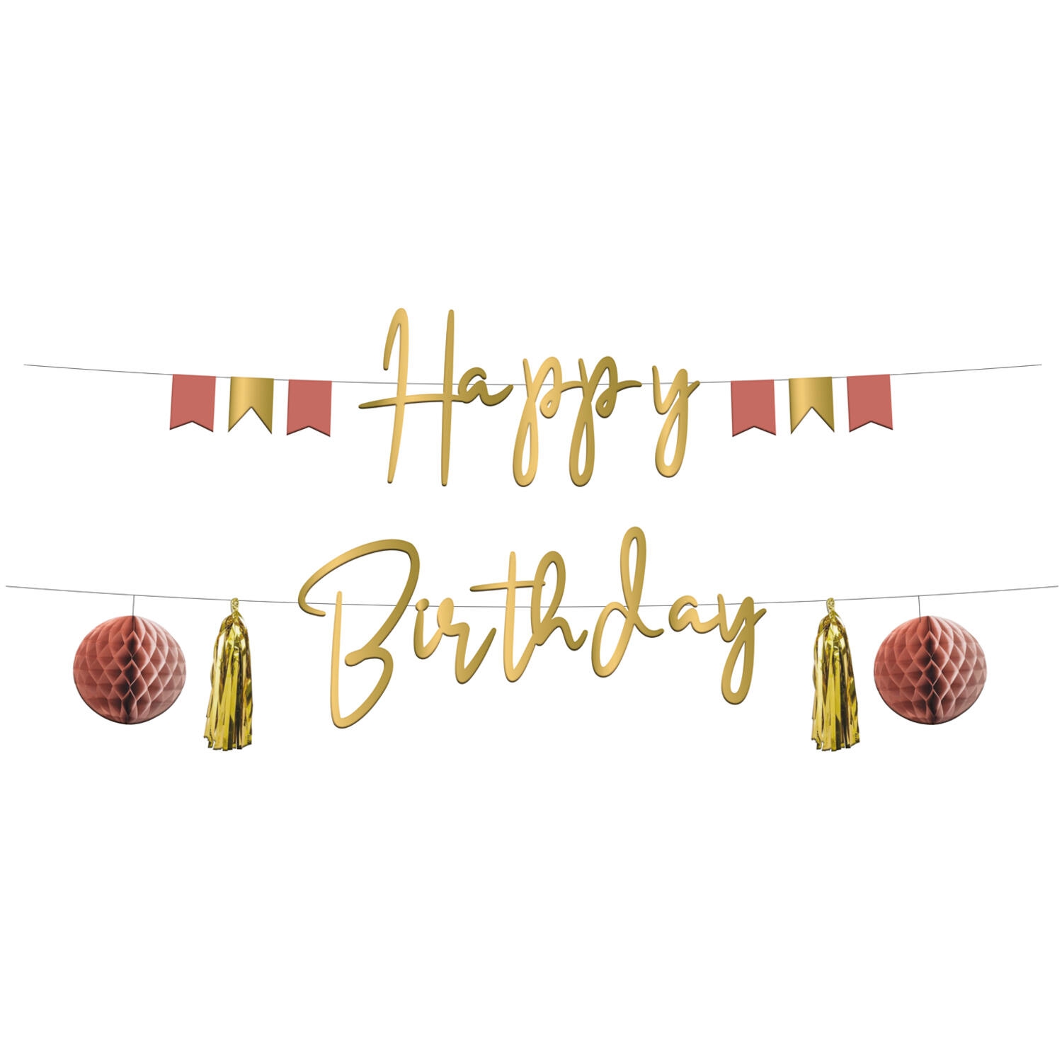 Girlande "Happy Birthday" mit Tasseln, Wabenbällen und Wimpeln, Lachs/Gold Girlande "Happy Birthday" mit Tasseln, Wabenbällen und Wimpeln, Lachs/Gold