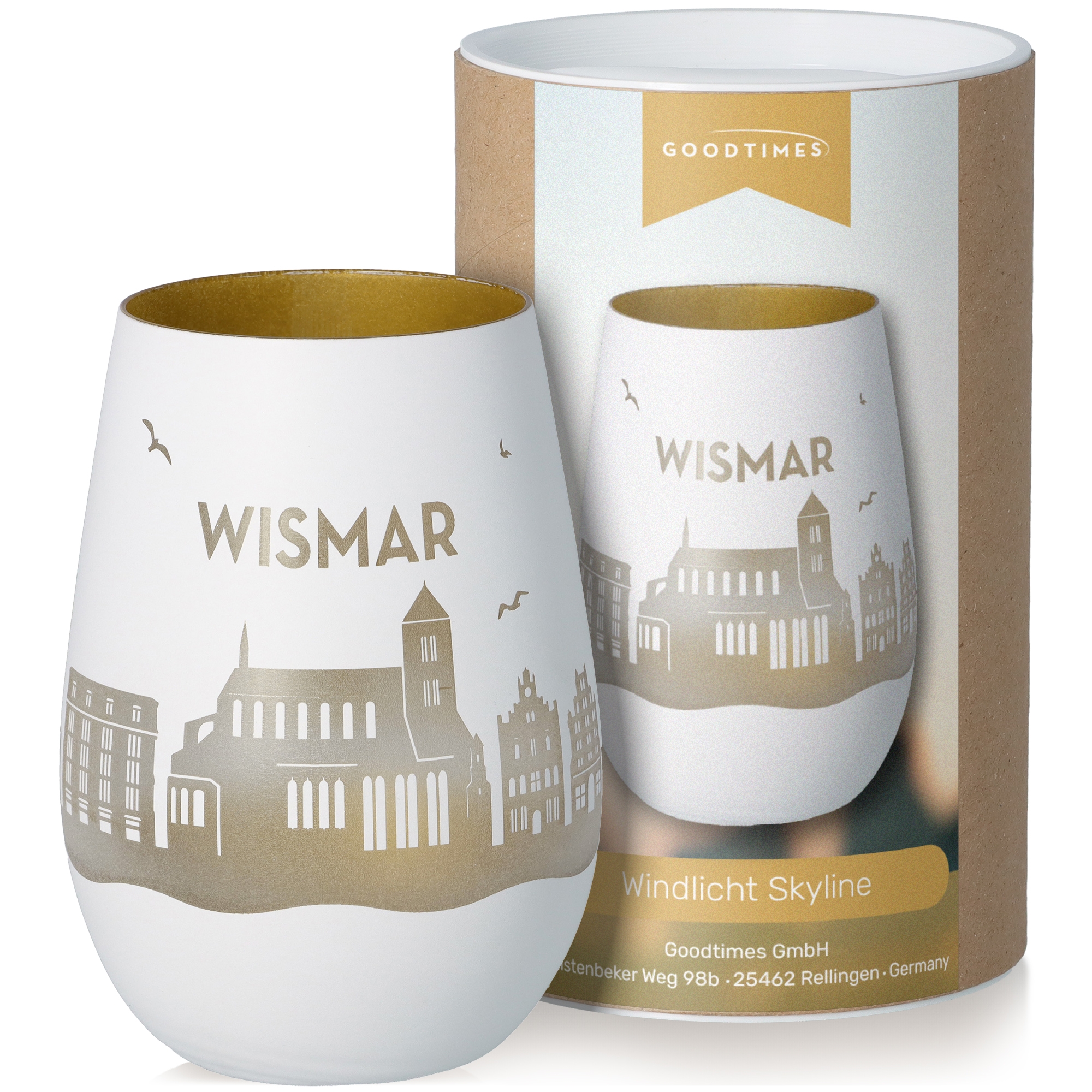 Windlicht Skyline Wismar Weiß/Gold Töpferei, Krug, Tasse, Kunst, Porzellan
