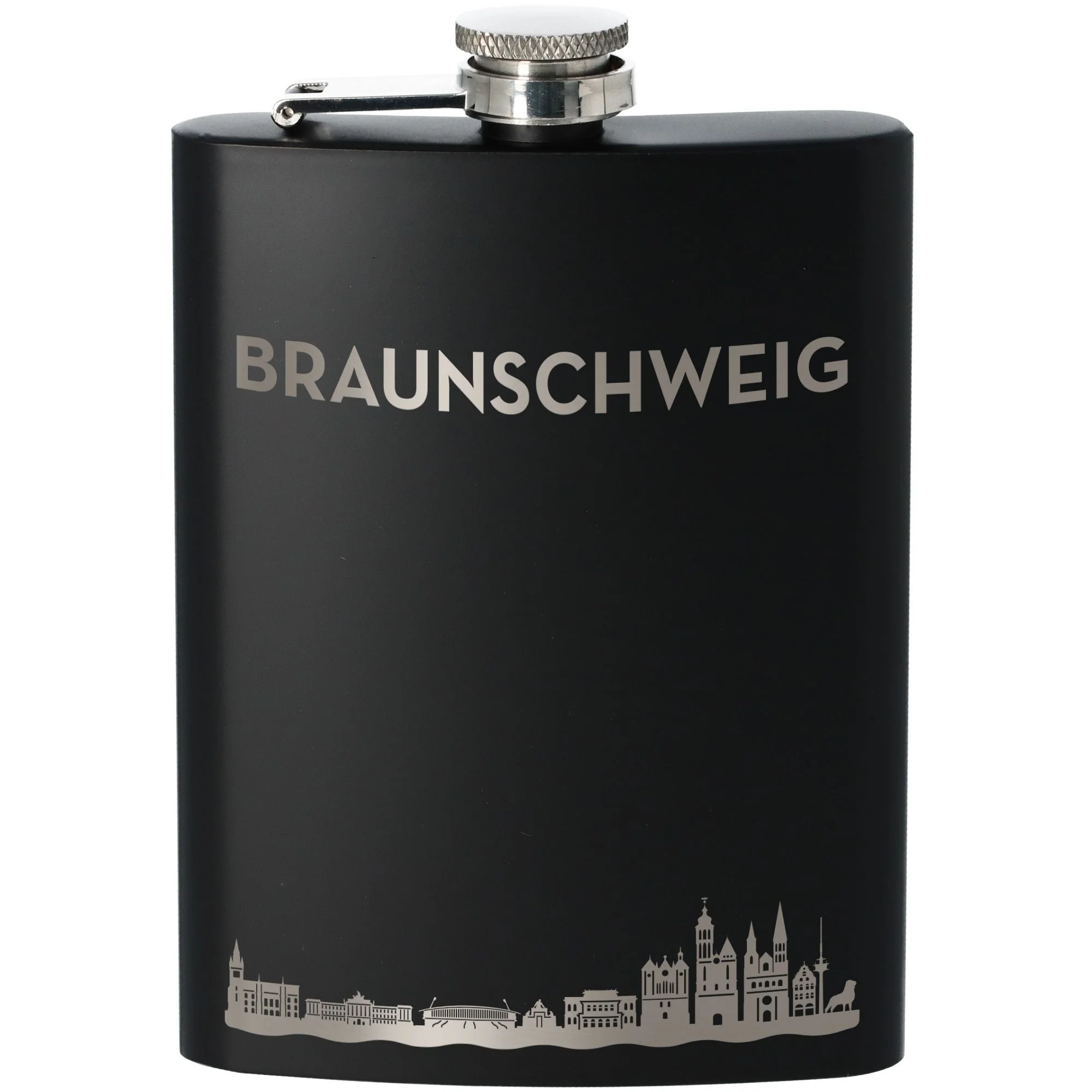 Flachmann, Flachmann Schwarz, Trinkflasche, Koffer-Design, Kartenstadt-Silhouette