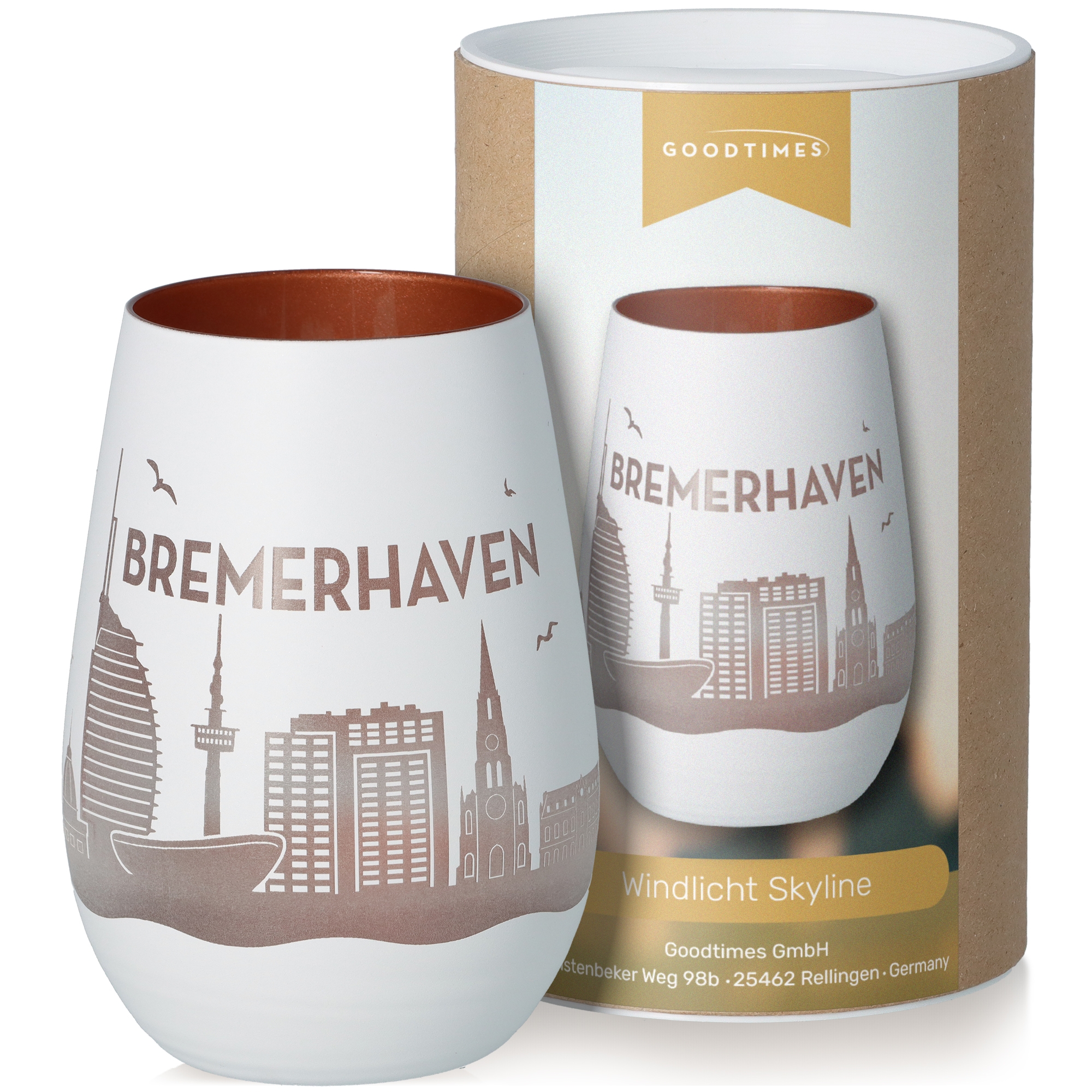 Windlicht Skyline Bremerhaven Weiß/Bronze Töpferei, Tasse, Kunst, Porzellan, Glas