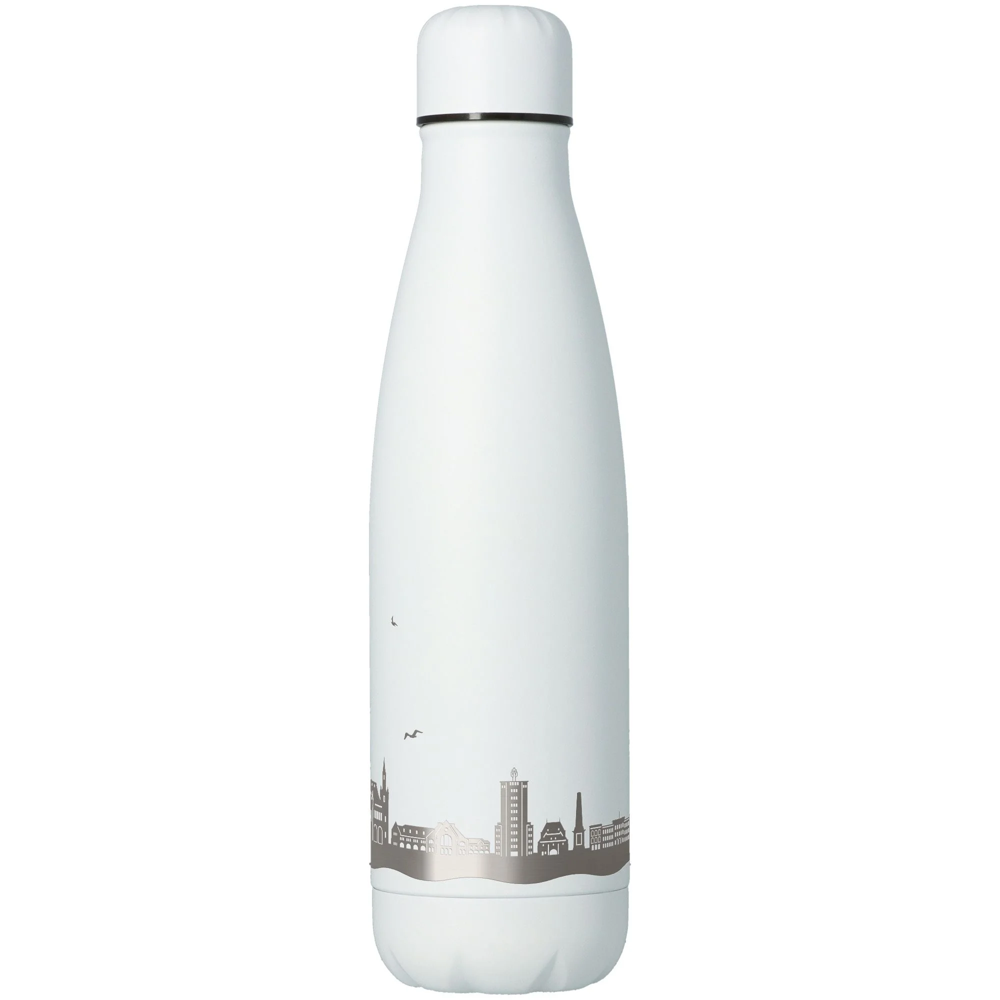 Thermosflasche, Stahlflasche, weiße Flasche, Verschlusskappe, Stadtmuster