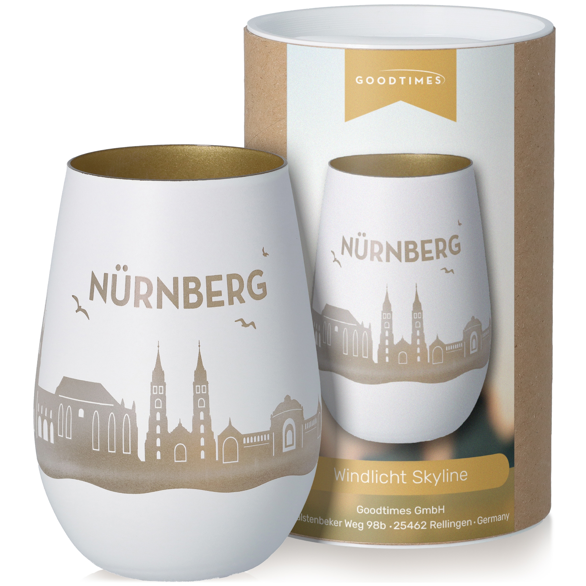 Windlicht Skyline Nürnberg Weiß/Gold Töpferei, Krug, Tasse, Porzellan, Glas