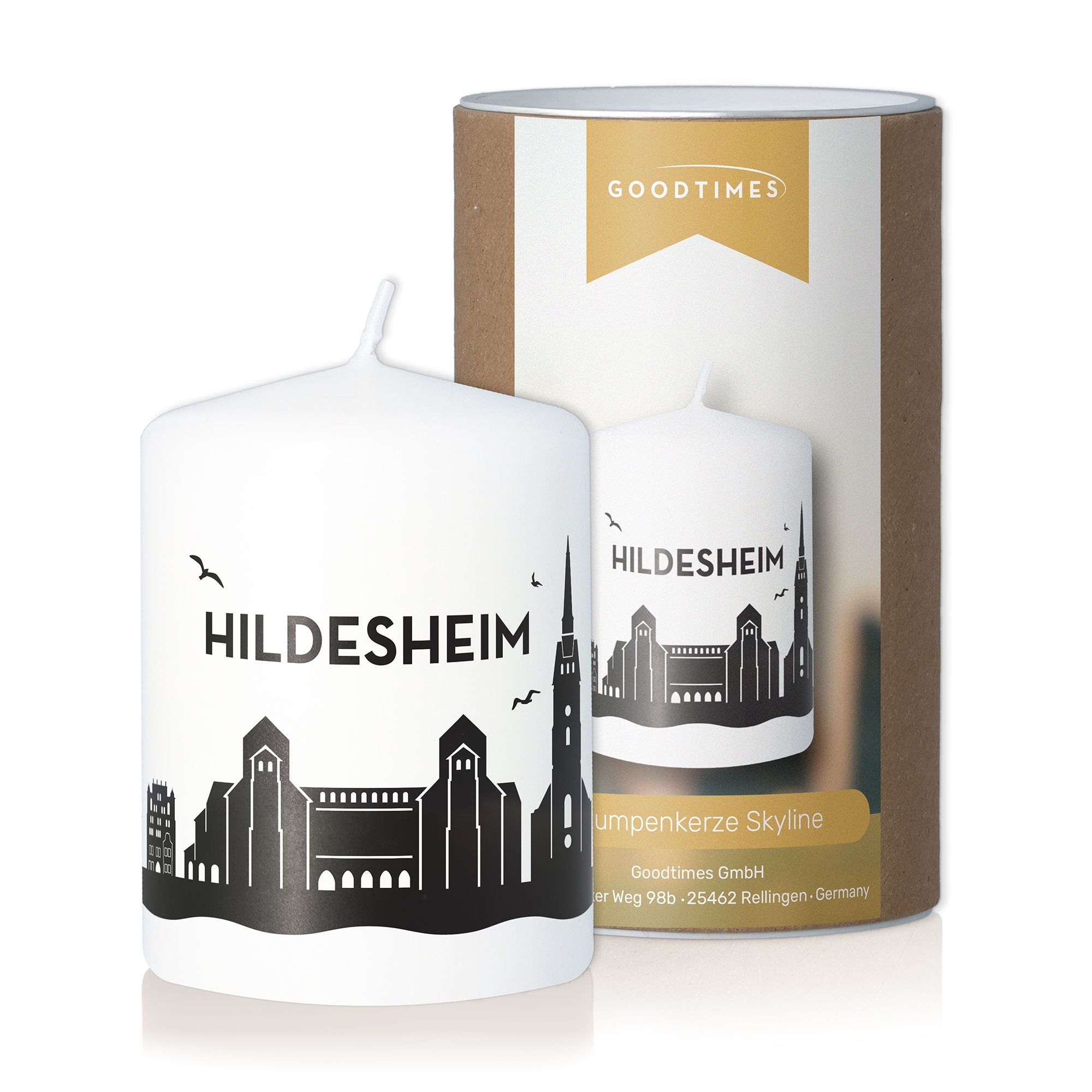 Stumpenkerze Skyline Hildesheim Weiß