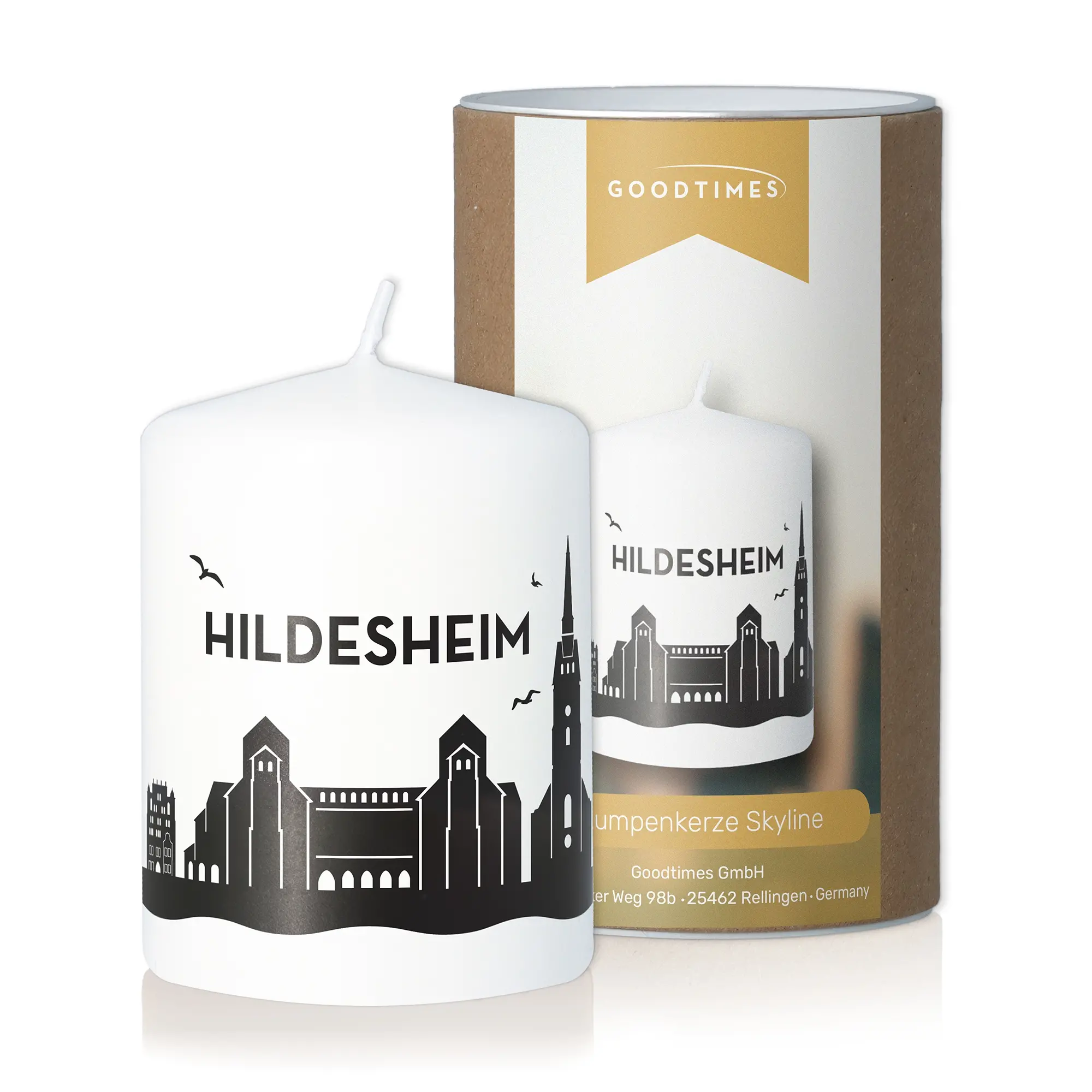 Stumpenkerze Skyline Hildesheim Weiß