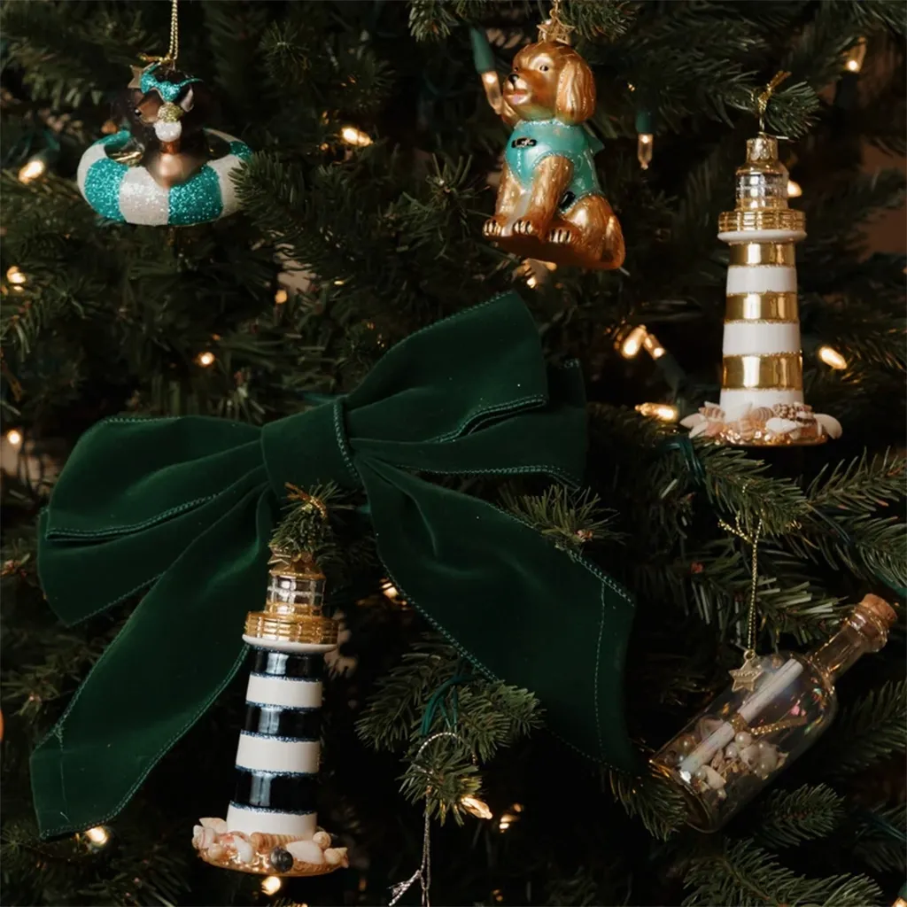 Weihnachtsbaumdeko, Kunststoff Ornament, Laternenglas, Grüner Samtband, Hund Ornament